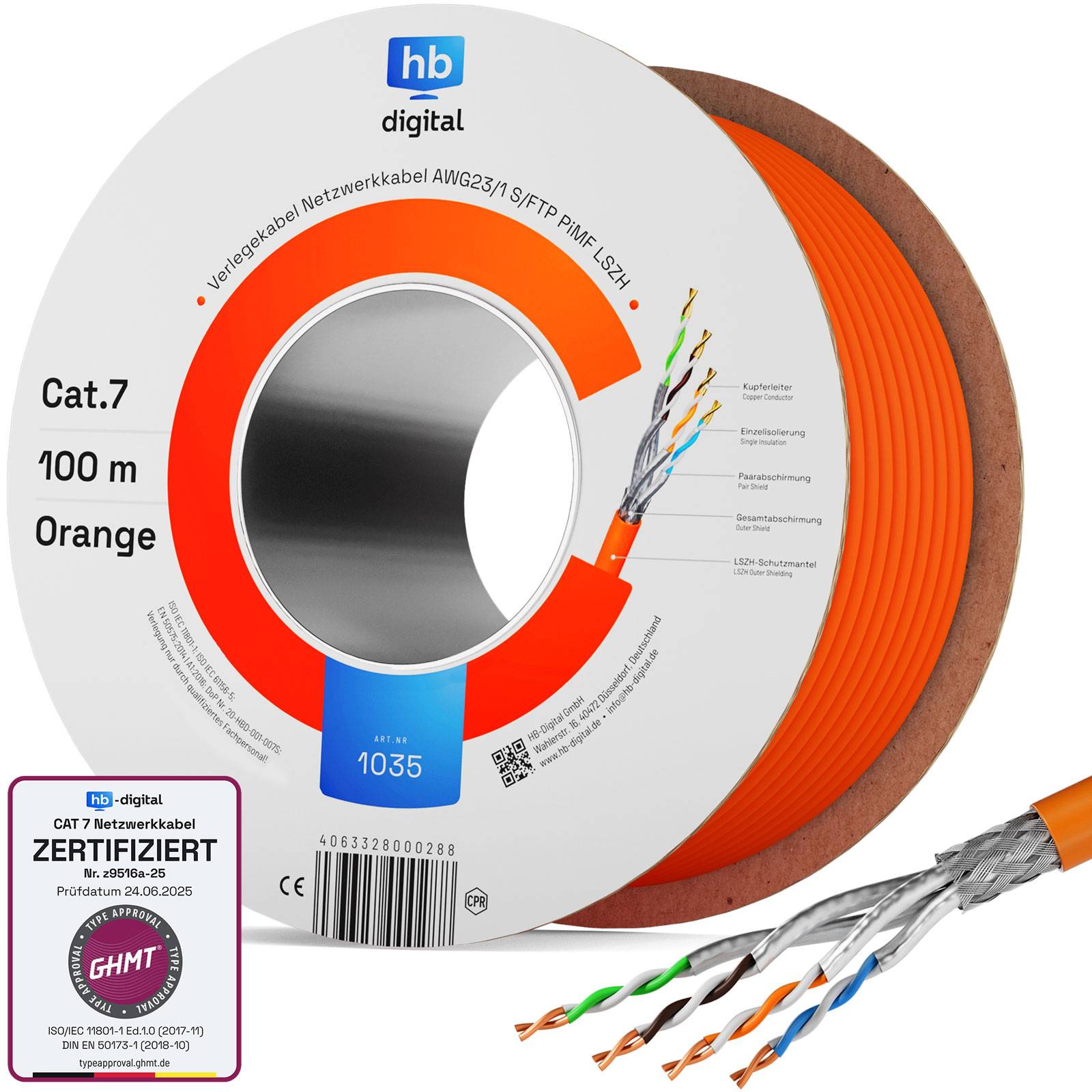 hb-digital CAT 7 Kabel 100m S FTP AWG23 LSZH 1000MHz orange