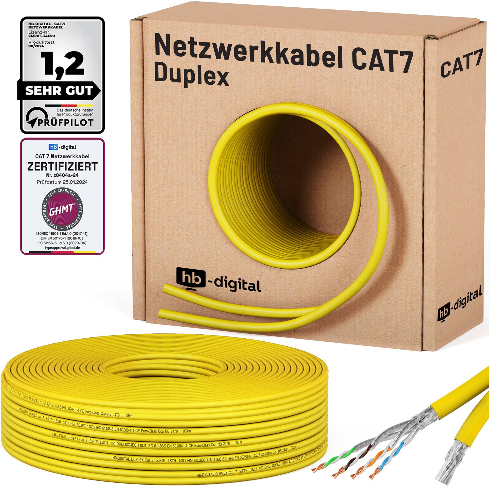 hb-digital CAT7 Kabel Duplex Installationskabel 50m S/FTP AWG23 LSZH gelb
