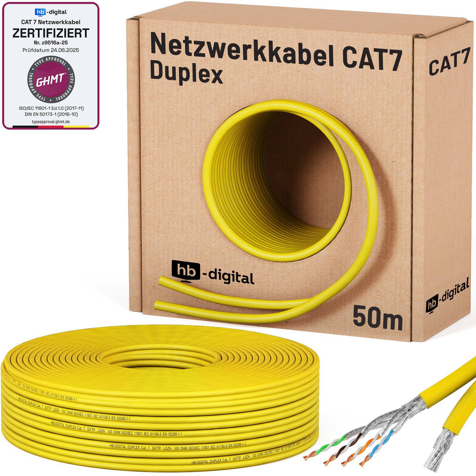 Gelbes CAT7 Duplex-Netzwerkkabel auf einer 50m-Spule in einer hb-digital-Box, mit gezeigten Steckerenden und Zertifizierungsetikett.