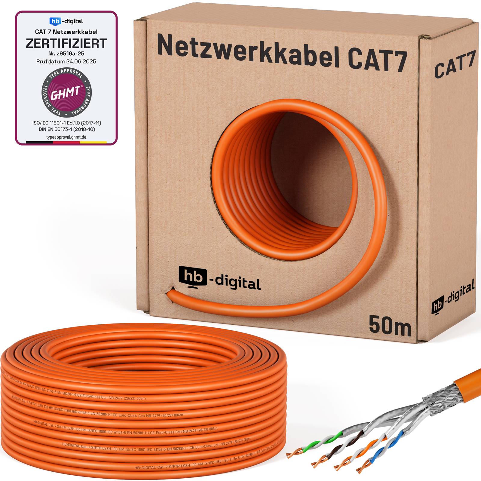 hb-digital CAT7 Kabel 50m Simplex Installationskabel Datenkabel max. 1000 MHz S/FTP AWG23 LSZH orange