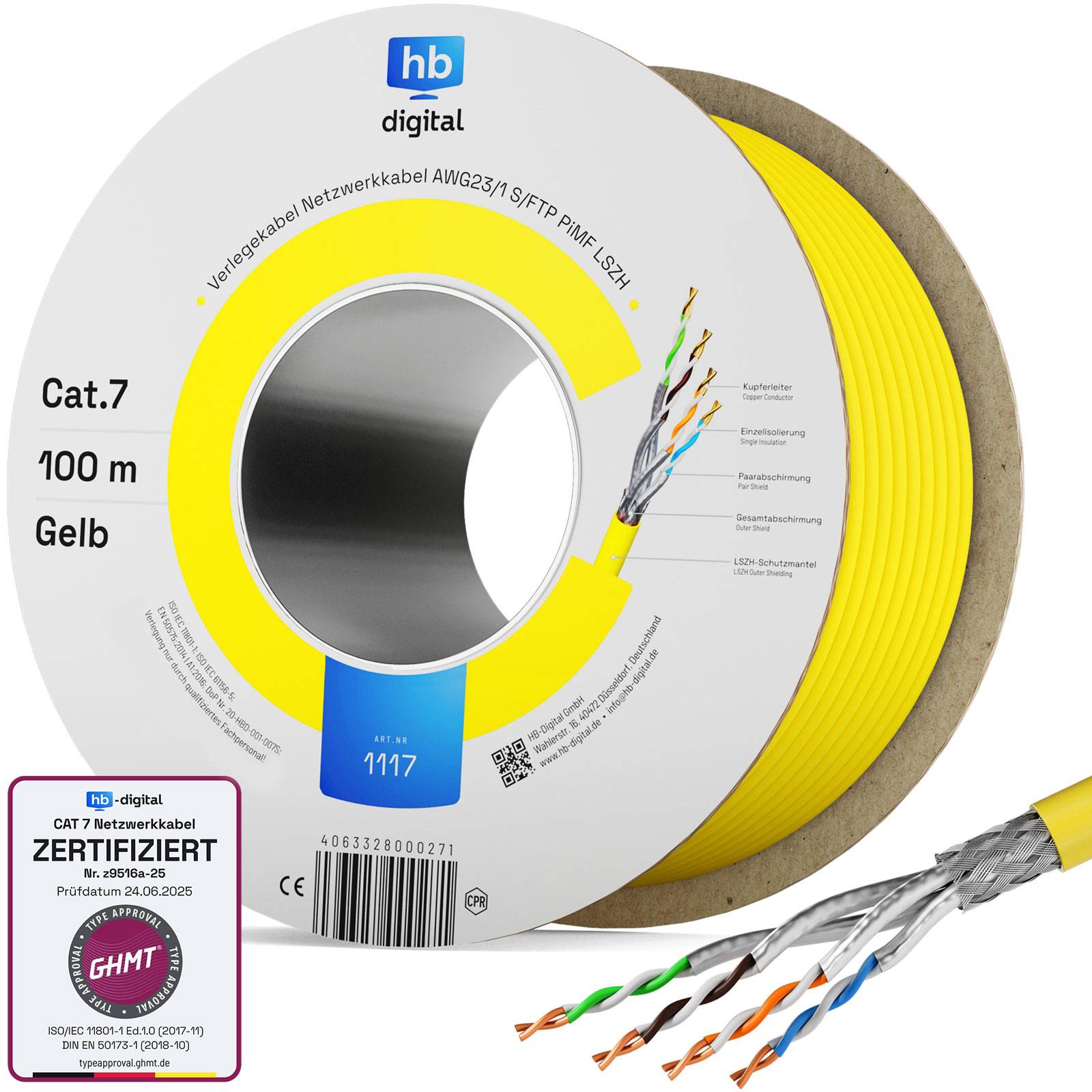 hb-digital CAT 7 Kabel 100m S FTP AWG23 LSZH gelb 1000MHz