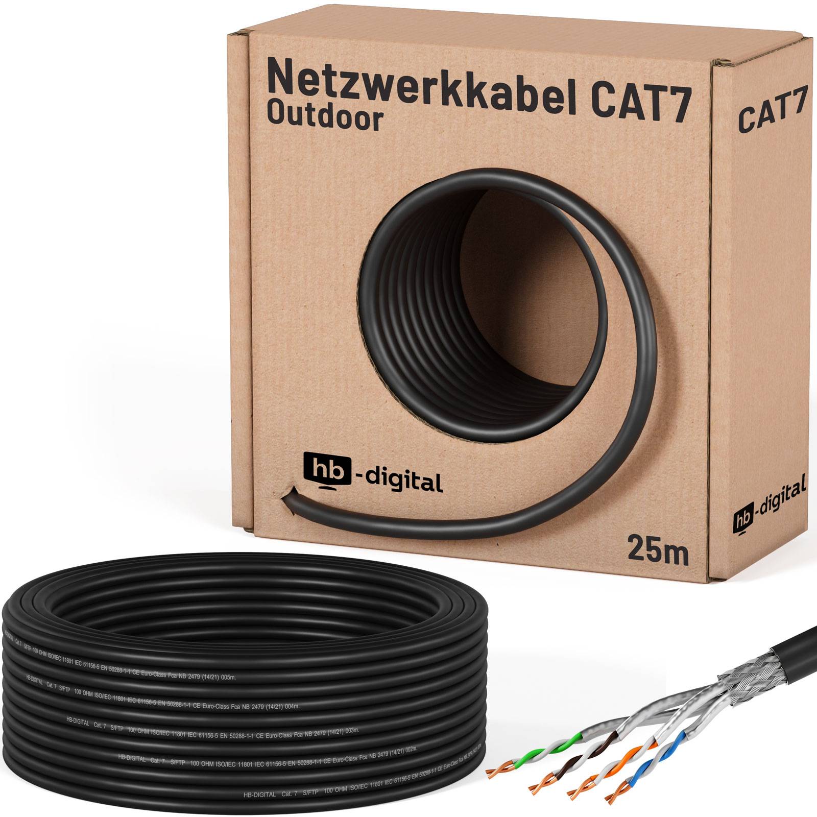 hb-digital 25m Netzwerkkabel CAT 7 Outdoor LAN max. 1000 MHz S/FTP PE AWG23 PoE++ kompatibel