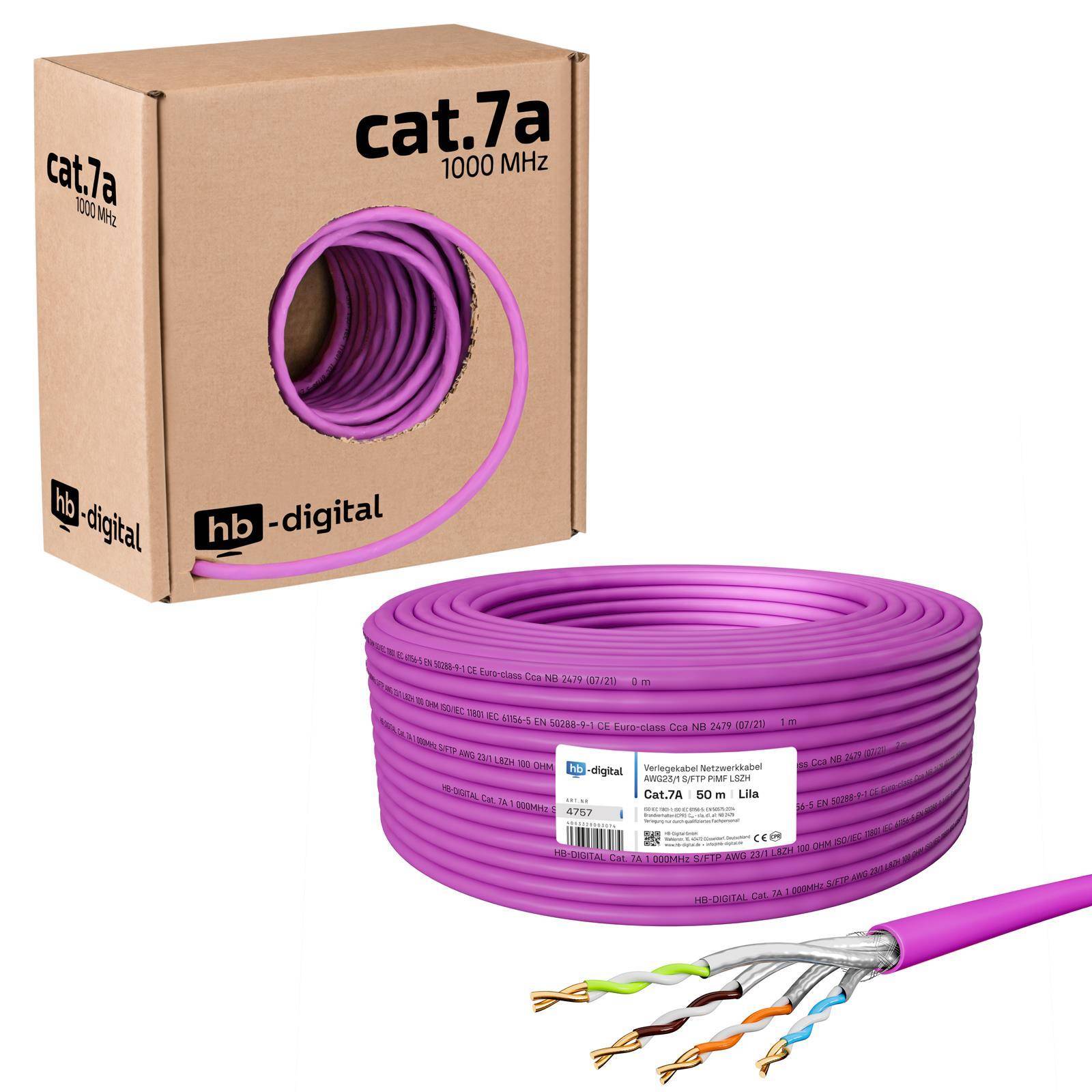 Violette Cat 7a Ethernet-Kabelspule mit Karton beschriftet mit „cat.7a 1000 MHz