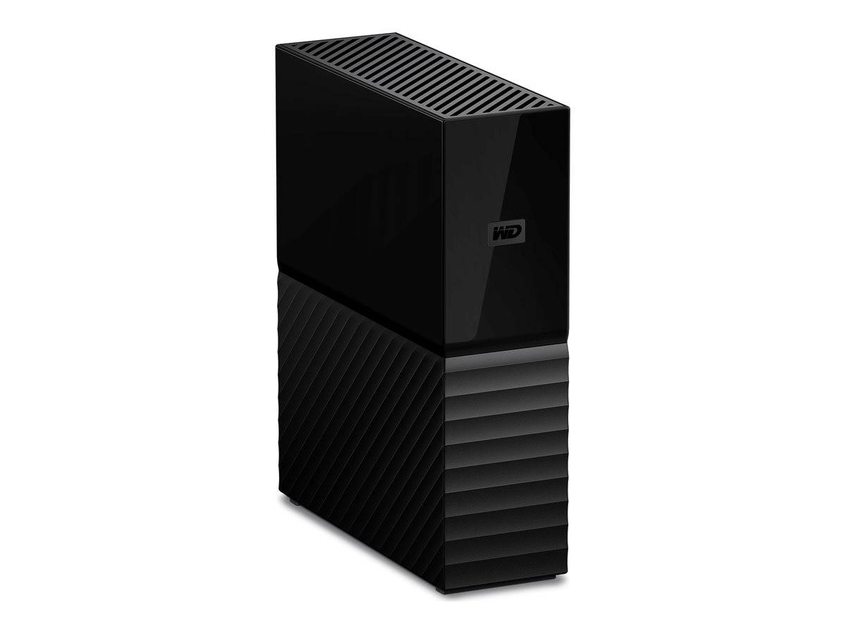 Externe Festplatte von Western Digital in Schwarz, aufrecht auf weißem Hintergrund stehend, mit gerillter unterer Hälfte und WD-Logo auf der Vorderseite.