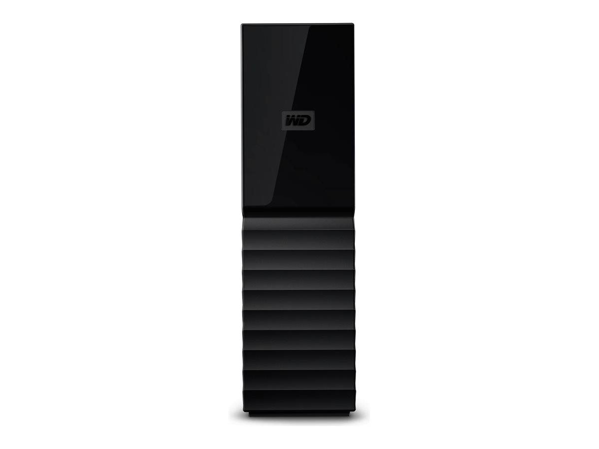 Schwarze externe WD-Festplatte mit geripptem Untergehäuse und glänzender Oberseite, aufrecht auf weißem Hintergrund abgebildet.