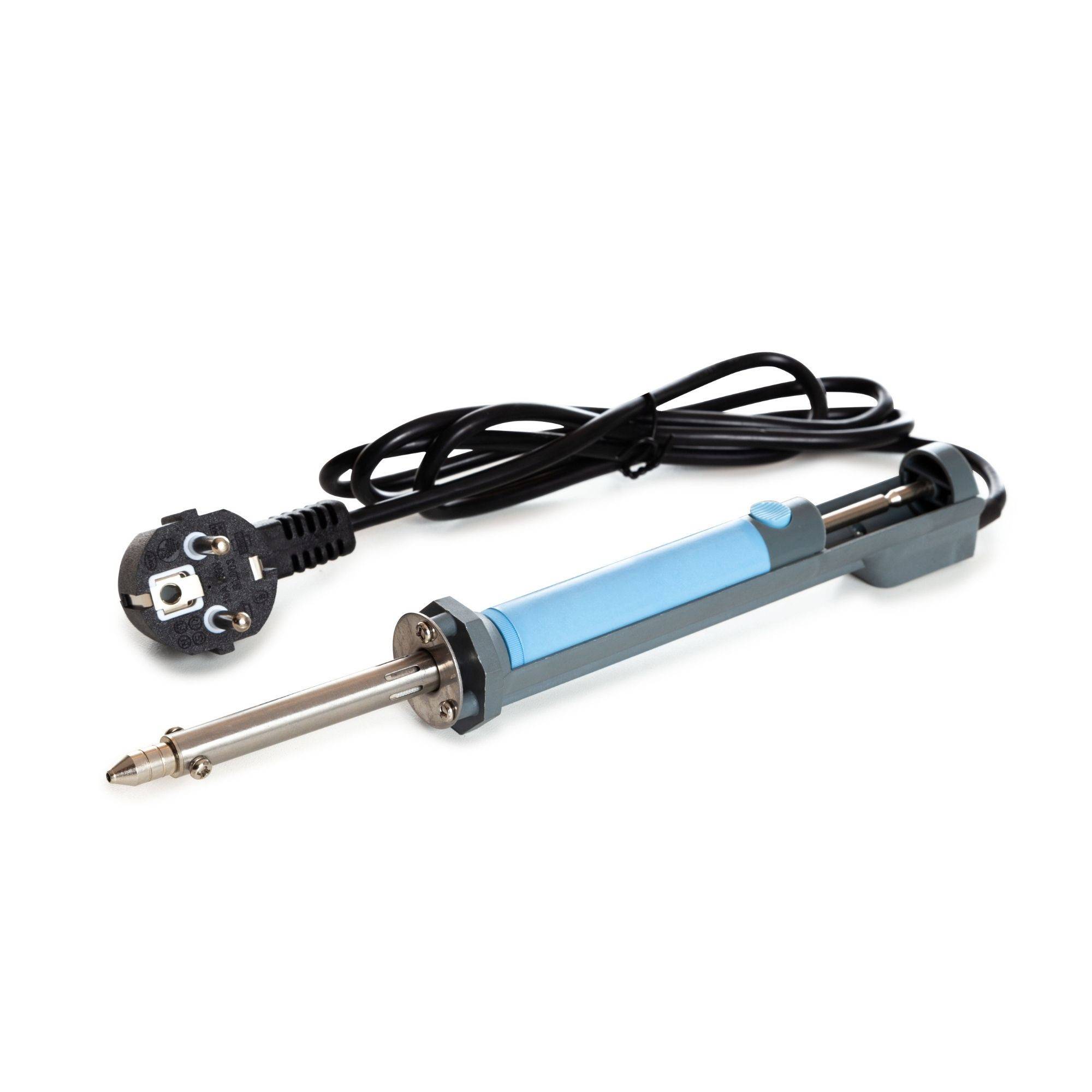 Ein Lötkolben mit blauem Griff und angeschlossenem Netzkabel, der auf einer weißen Oberfläche liegt.