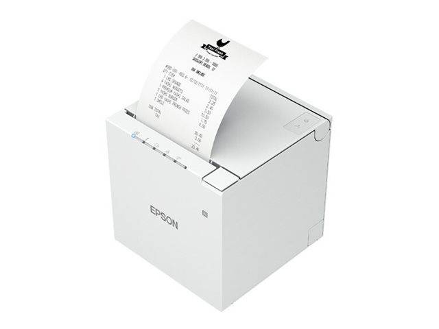 Weißer Epson-Belegdrucker, der einen Papierbeleg aus dem oberen Schlitz druckt.