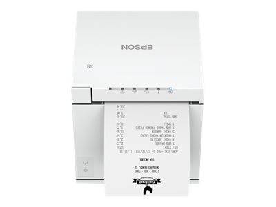 Druckausgabe von Quittungen aus einem Epson-Etikettendrucker, wobei die Papierquittung vorne herauskommt.