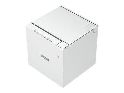 Weißer Epson-Bondrucker in einer Dreiviertelsicht auf einem einfachen Hintergrund.