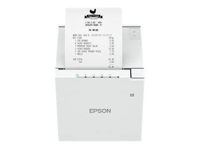 Epson-Bondruckersystem druckt einen Kassenbon aus dem Papierschacht.