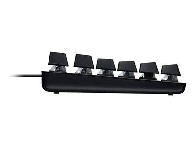 Schwarze kabelgebundene Tastatur mit flachen quadratischen Tasten auf weißem Hintergrund.