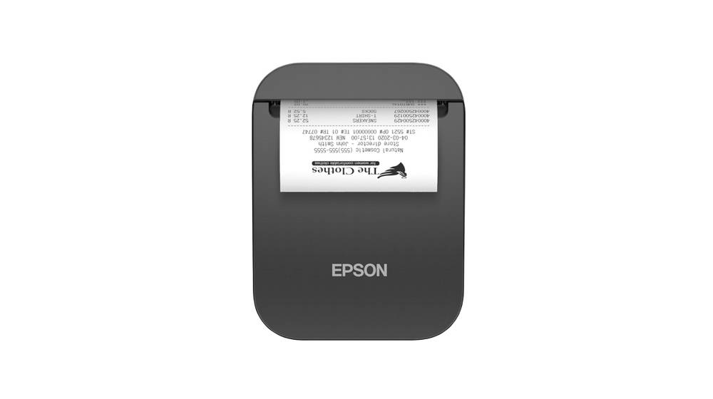 Kompakter tragbarer Epson-Drucker, der ein kassenzettelähnliches Blatt aus dem oberen Schlitz auf weißem Hintergrund druckt.