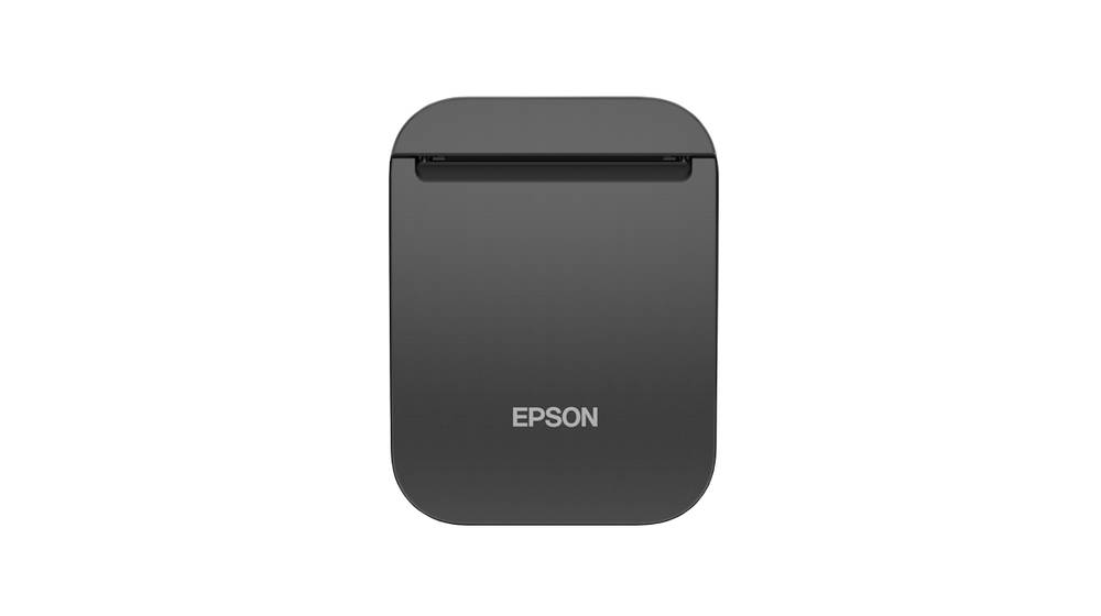 Vorderansicht eines kompakten schwarzen tragbaren Epson-Bondruckers mit einem Papiereinzug oben.