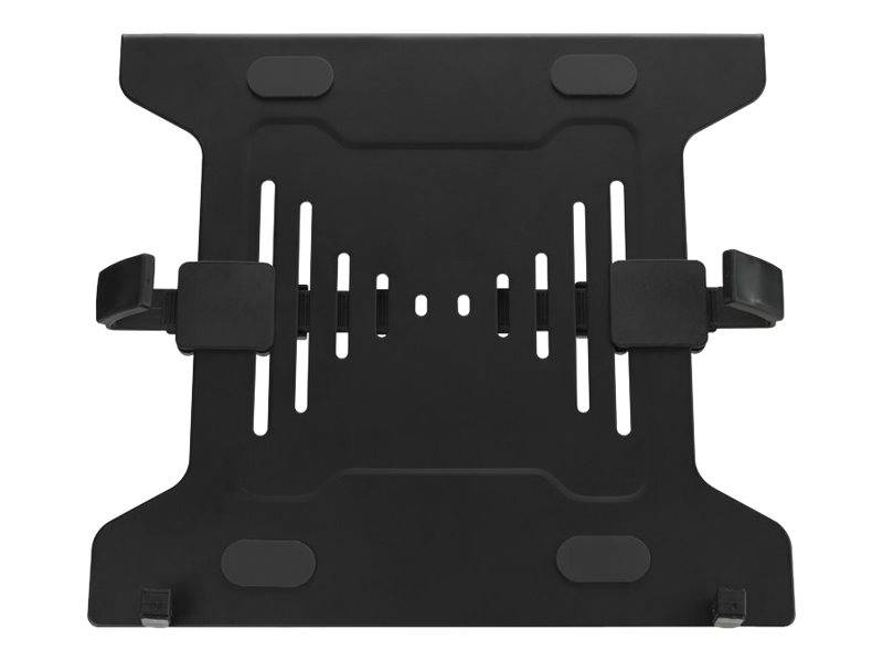 Schwarze verstellbare Tablet-Halterung mit Ausschnitten und Seitenklemmen, in Vorderansicht auf weißem Hintergrund dargestellt.