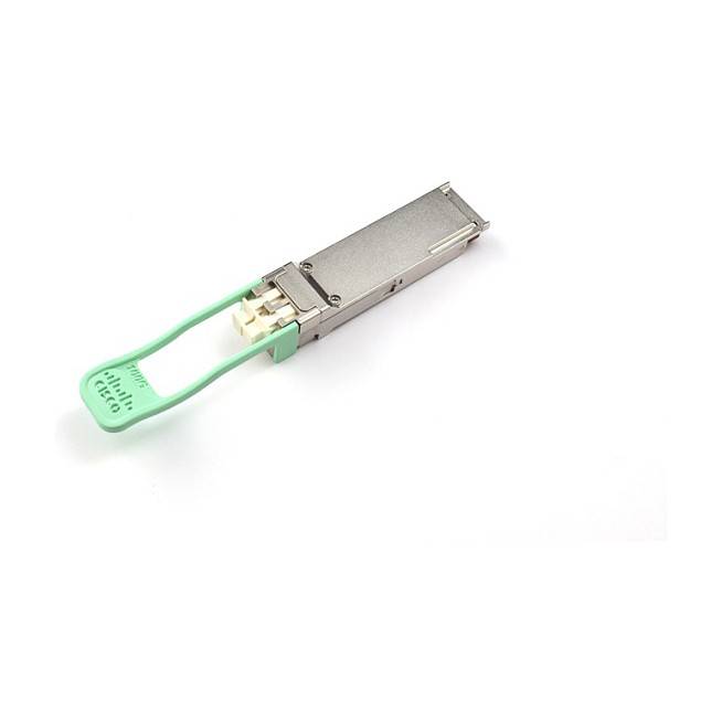 SFP-Optiktransceiver-Modul mit grünem Zugleiter, gezeigt auf weißem Hintergrund.
