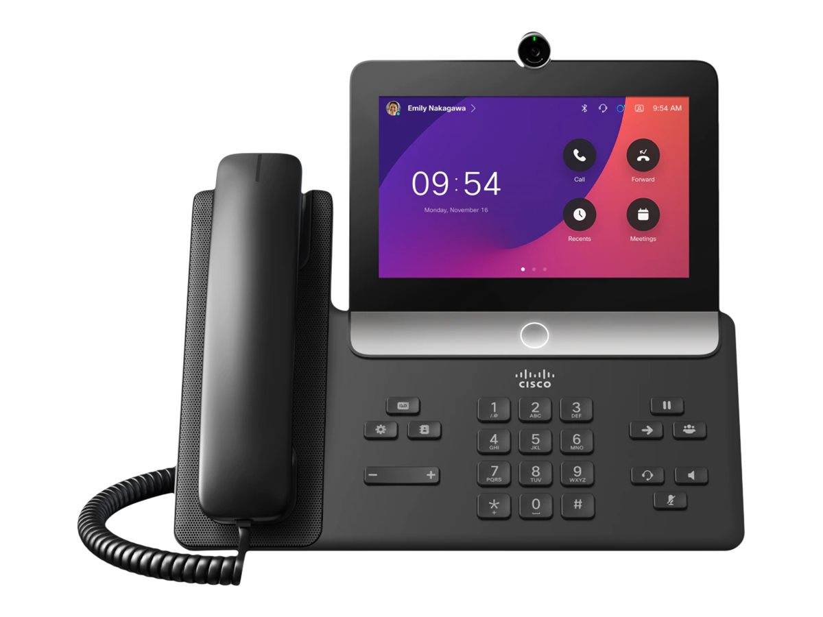 Ein Cisco-Schreibtischtelefon mit Handset, Tastenfeld und Touchscreen, das die Uhrzeit 09:54 sowie Symbole für Anrufe, Umleitung, Anrufliste und Besprechungen anzeigt.