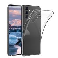 Transparente Silikonschutzhülle auf einem Smartphone angebracht, mit sichtbarem Smartphone-Display dahinter.