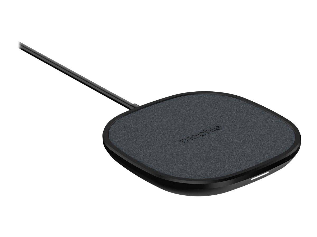 Schwarzes Mophie-Wireless-Ladegerät mit angeschlossenem Kabel, auf weißem Hintergrund dargestellt.