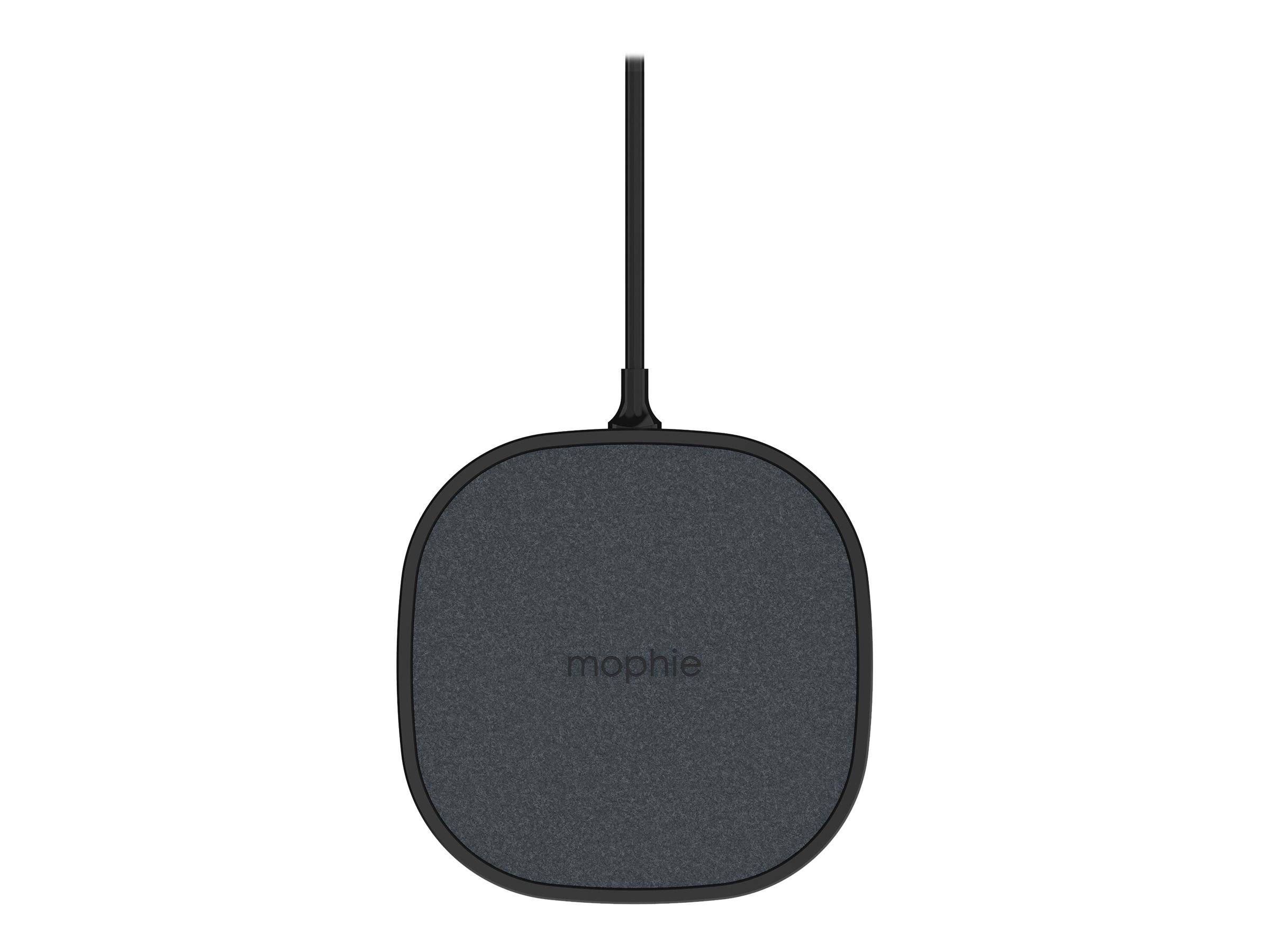 Schwarzes Mophie Wireless-Ladegerät mit angeschlossenem Kabel, Vorderansicht auf weißem Hintergrund.