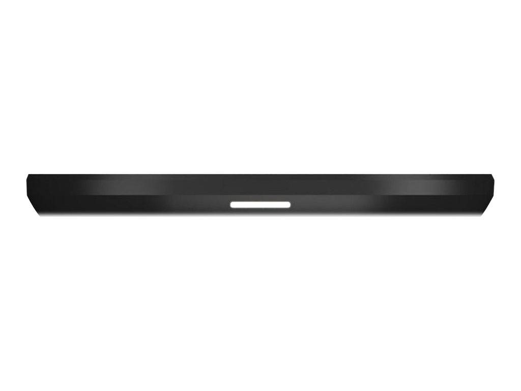 Schwarze Soundbar-Lautsprecher mit einem kleinen zentrierten Statuslicht auf weißem Hintergrund.