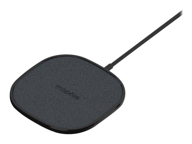 Schwarzes kabelloses Ladegerät mit angebrachtem Kabel, dargestellt auf weißem Hintergrund.