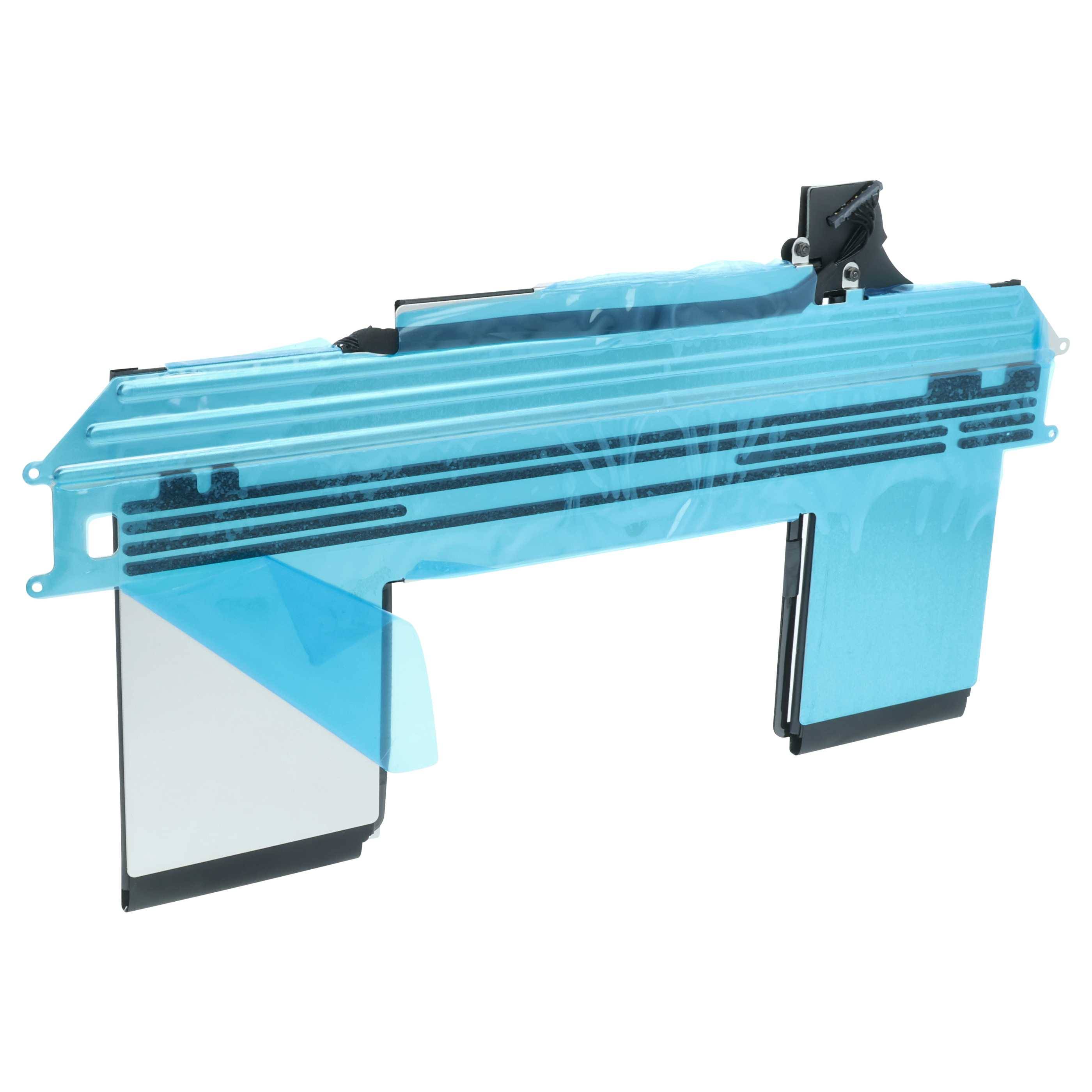 Eine hellblaue Plastik-Tonerkassette für einen Drucker, von der Seite betrachtet.