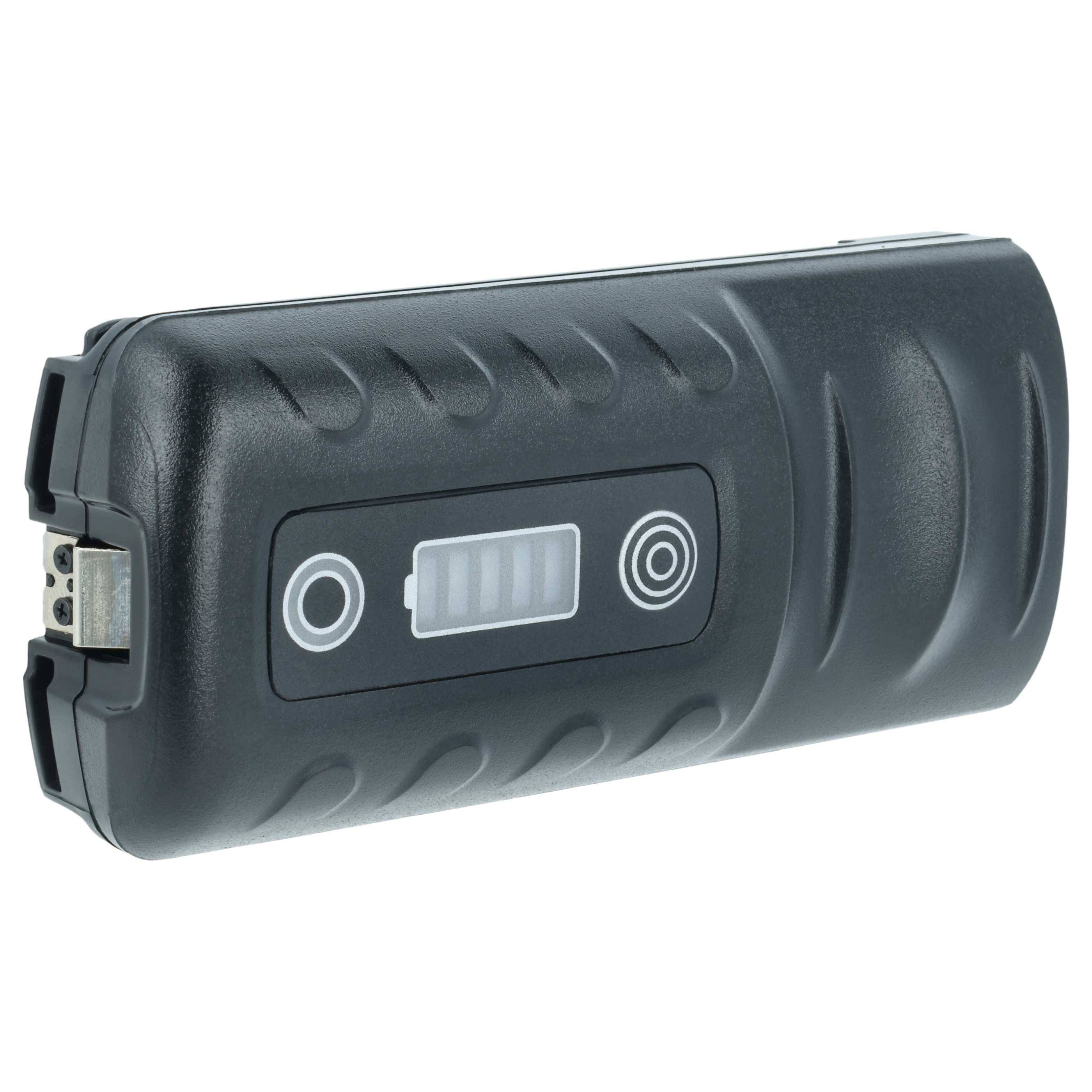 Ein schwarzer, rechteckiger Akkupack mit einer Einschalttaste, einer kreisrunden Taste und einer LED-Anzeige mit vier Balken auf seiner Vorderseite.
