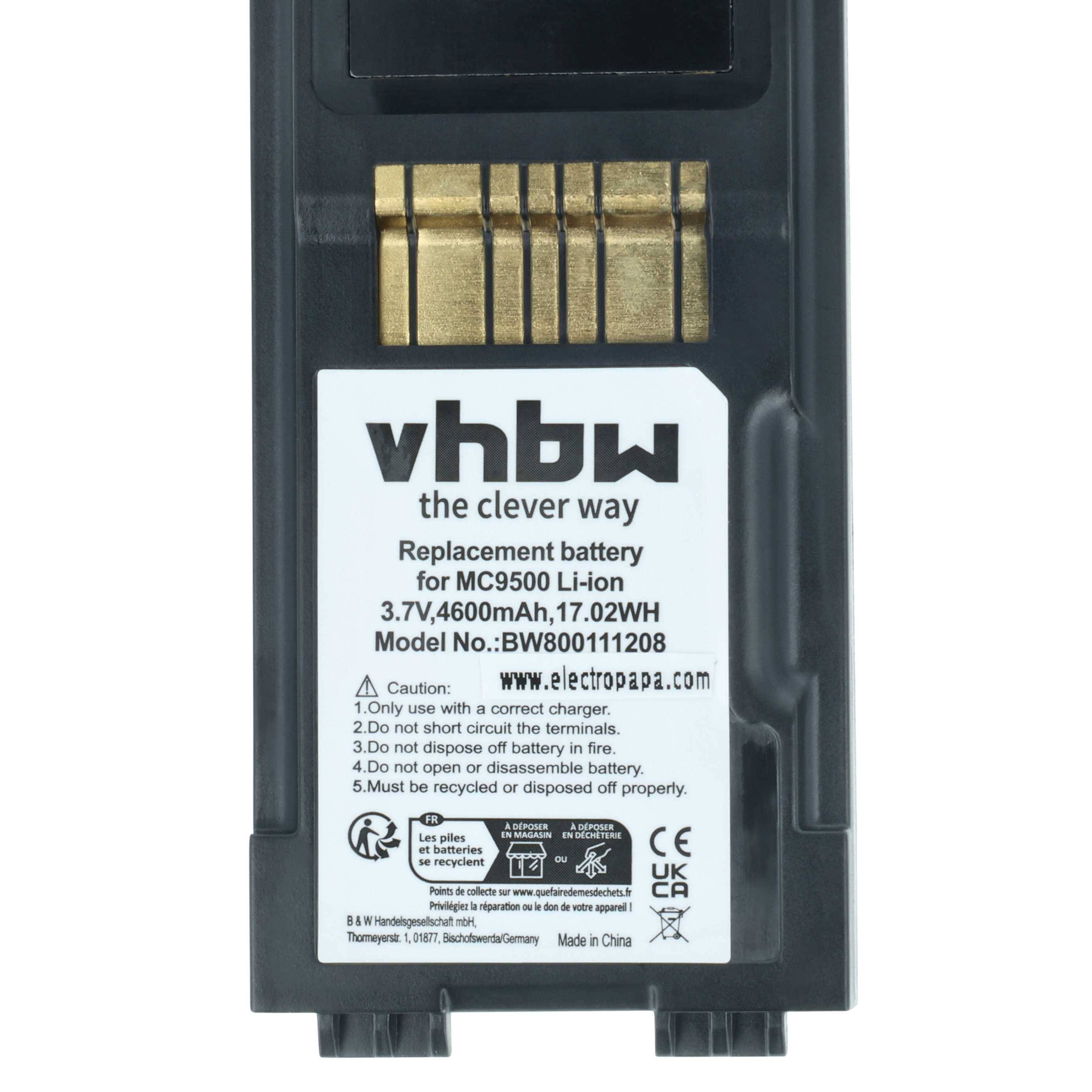Eine schwarze vhbw Batterie mit Modellnummer MC9500, 3,7V, 4600mAh, mit Warnhinweisen und Kontaktklemmen an der Oberseite.