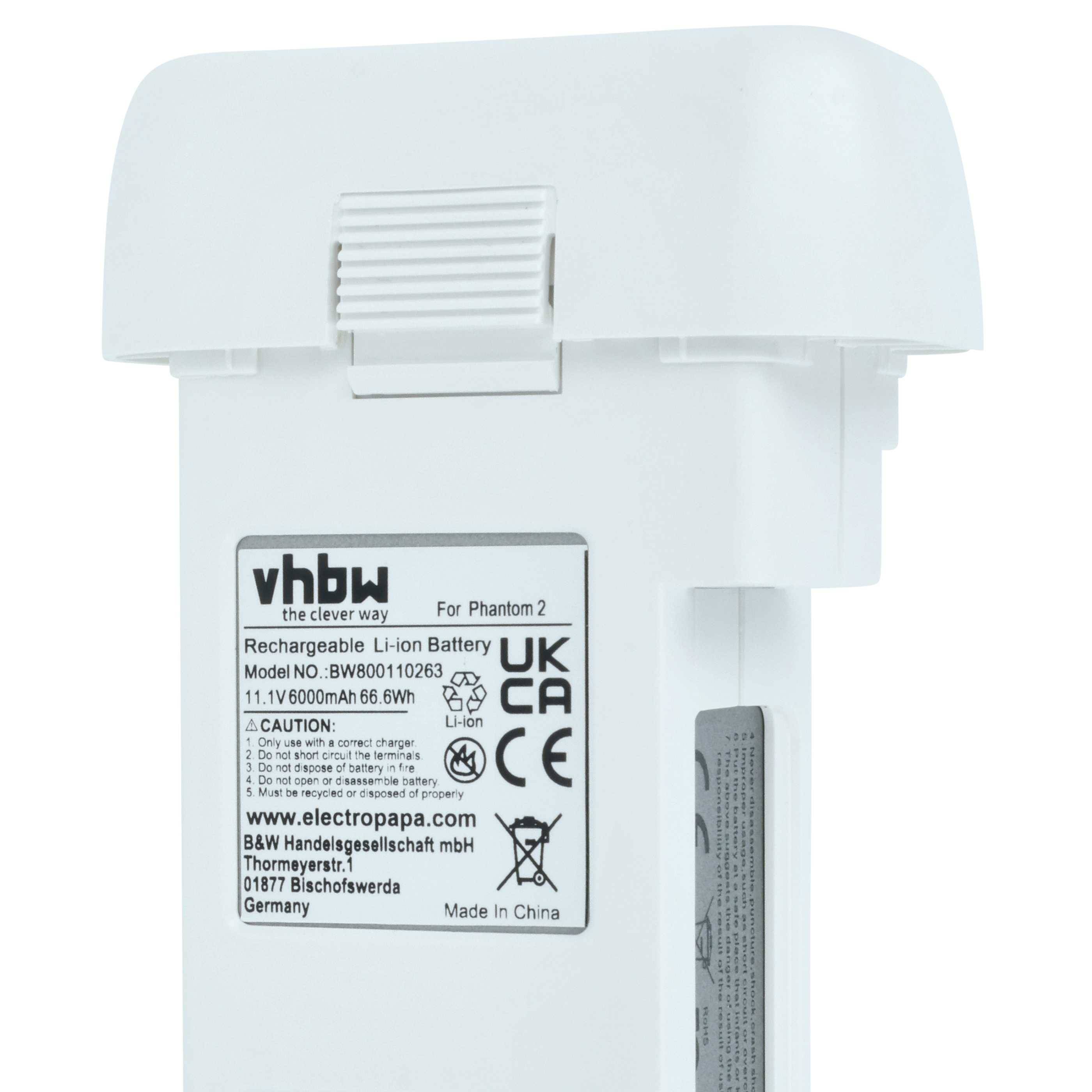 Akku für Phantom 2 Drohne mit vhbw-Branding. Etikett zeigt Modellnummer, Kapazität von 11,1V/6000mAh und Sicherheitssymbole.