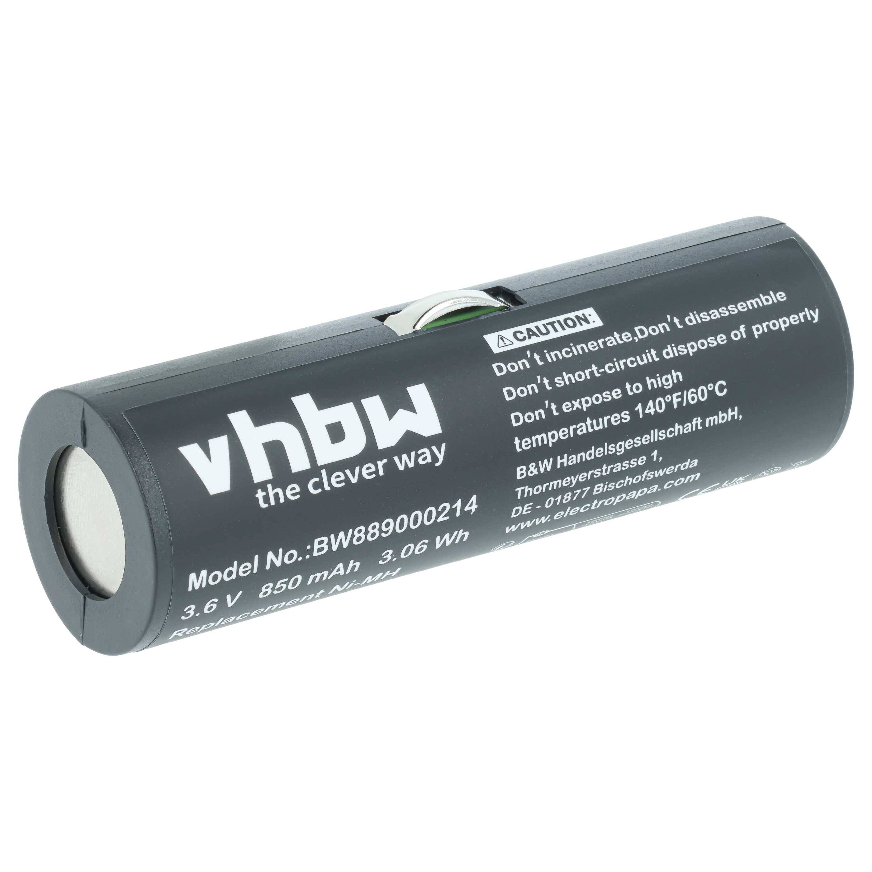 Schwarze zylindrische wiederaufladbare Batterie mit der Bezeichnung „vhbw the clever way