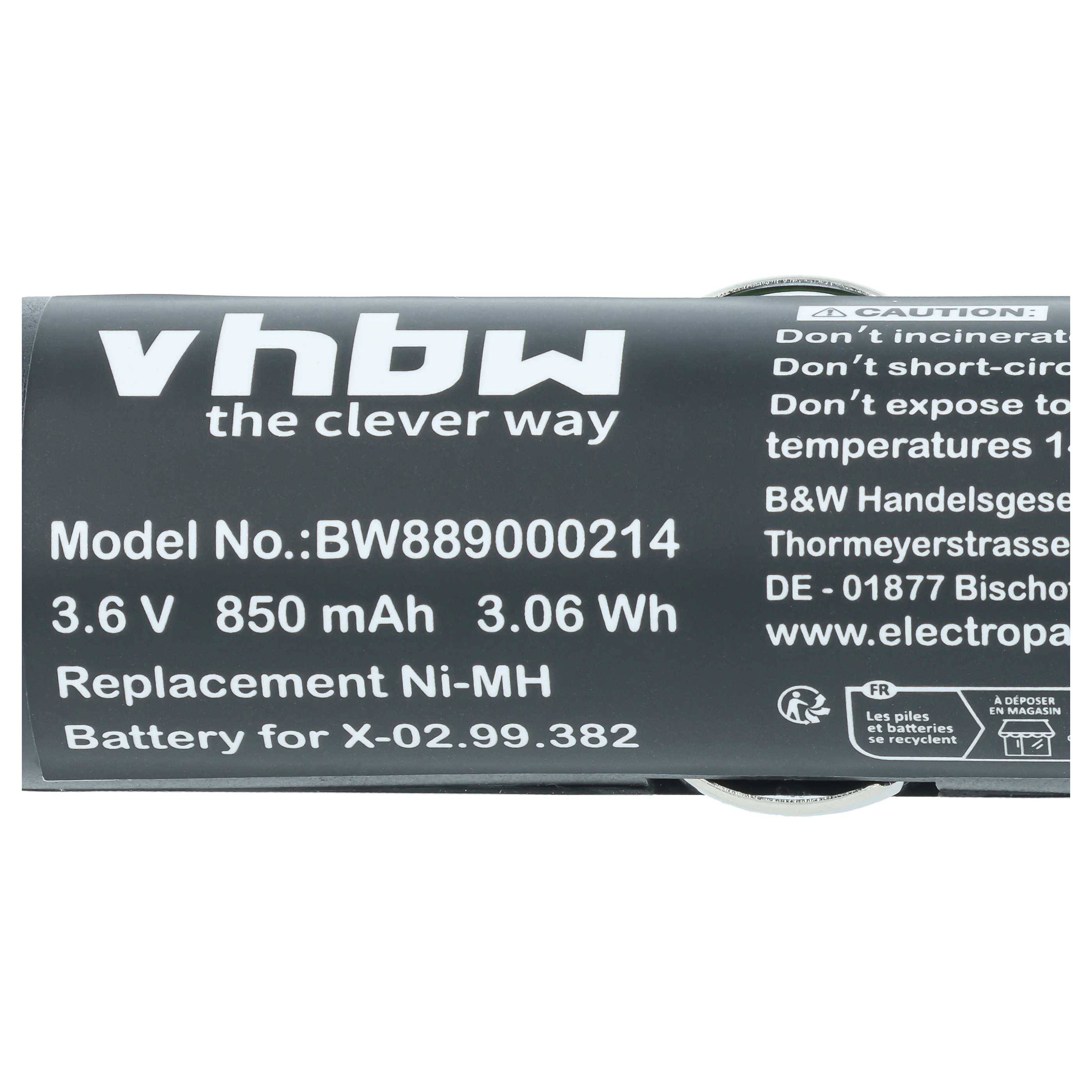 Batterie-Etikett für vhbw Ersatz-Ni-MH-Akku, Modell BW889000214, 3,6 V 850 mAh 3,06 Wh, für X-O2.99.382.