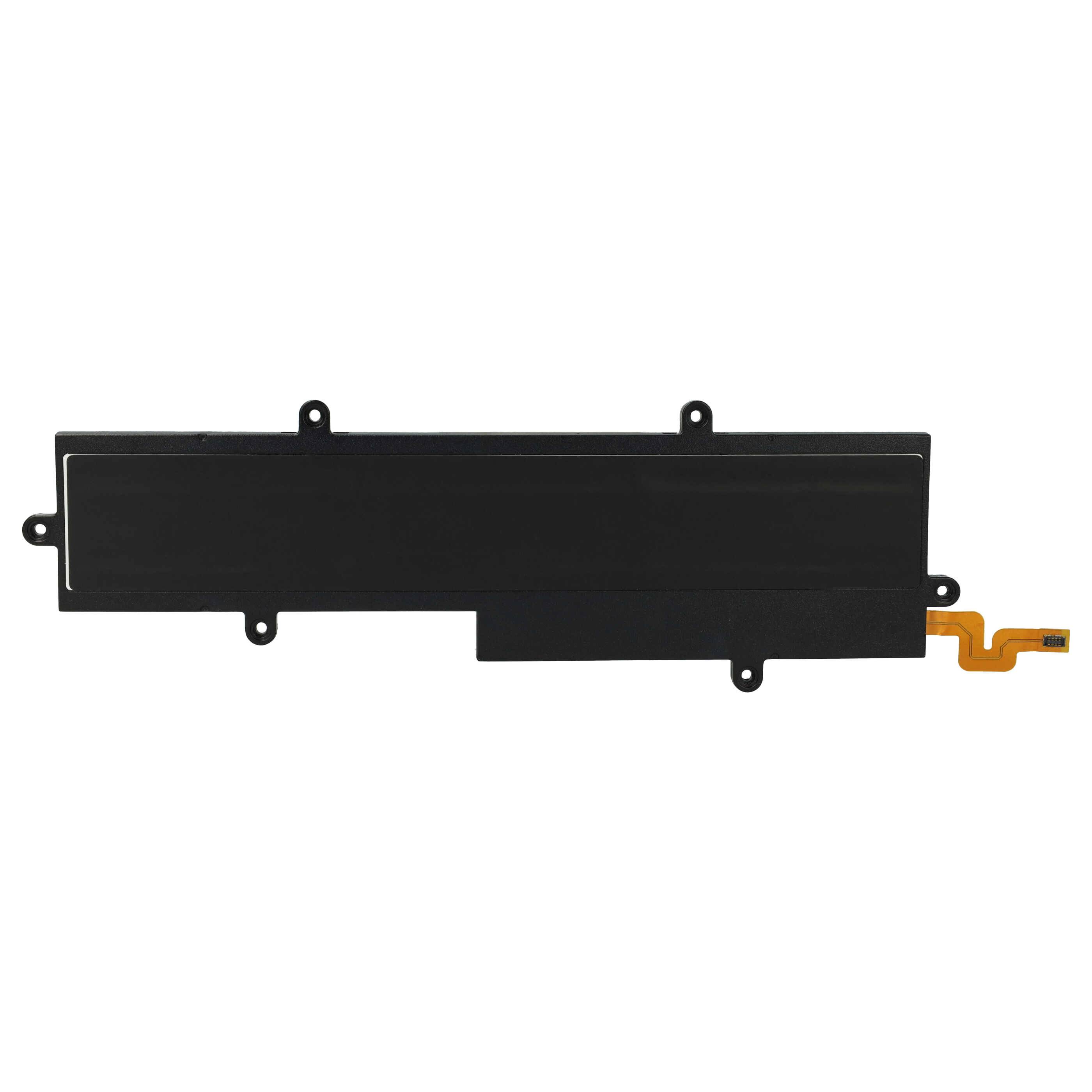 Eine rechteckige, schwarze Laptop-Batterie mit einem flachen, hervorstehenden gelben Anschluss auf der rechten Seite.