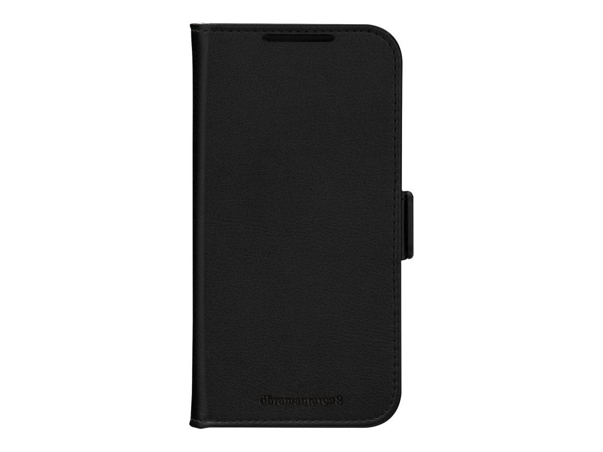 Eine schwarze Smartphone-Brieftasche mit Deckel und magnetischem Verschluss.