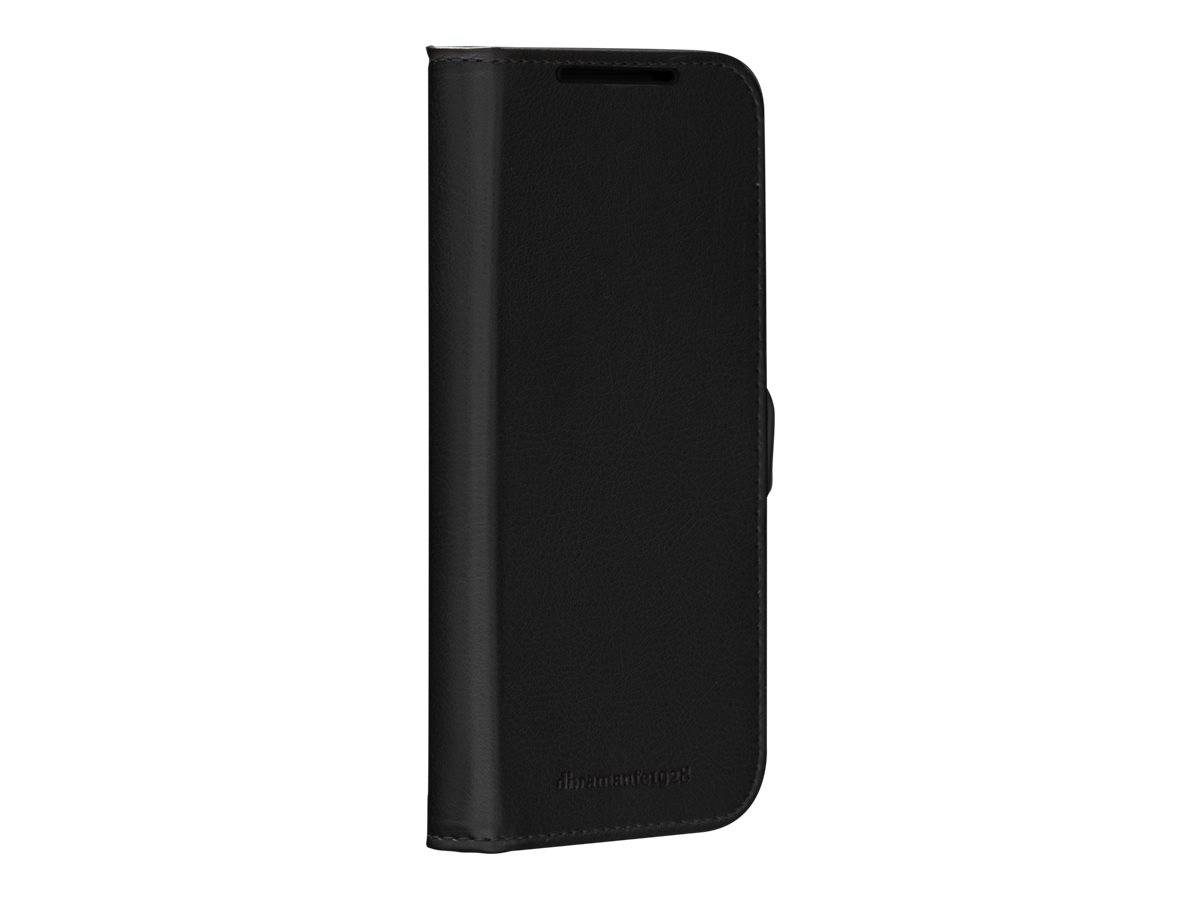 Schwarze Lederschutzhülle für Smartphones mit Frontdeckel, entwickelt zum Schutz des Telefons, wenn er geschlossen ist.