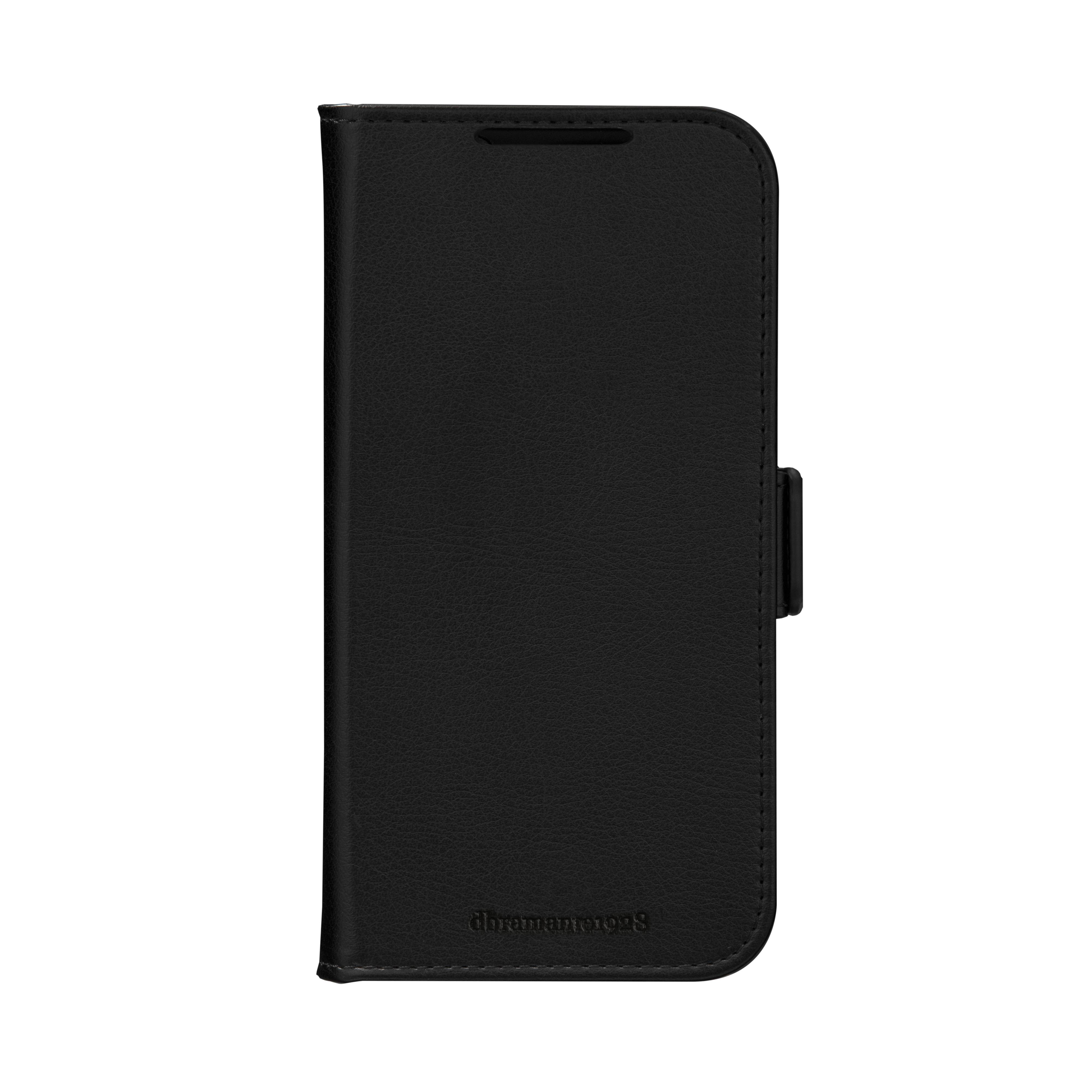 Schwarze Smartphone-Folio-Schutzhülle mit Vorderseite und seitlichem Tab, geschlossen auf weißem Hintergrund dargestellt.