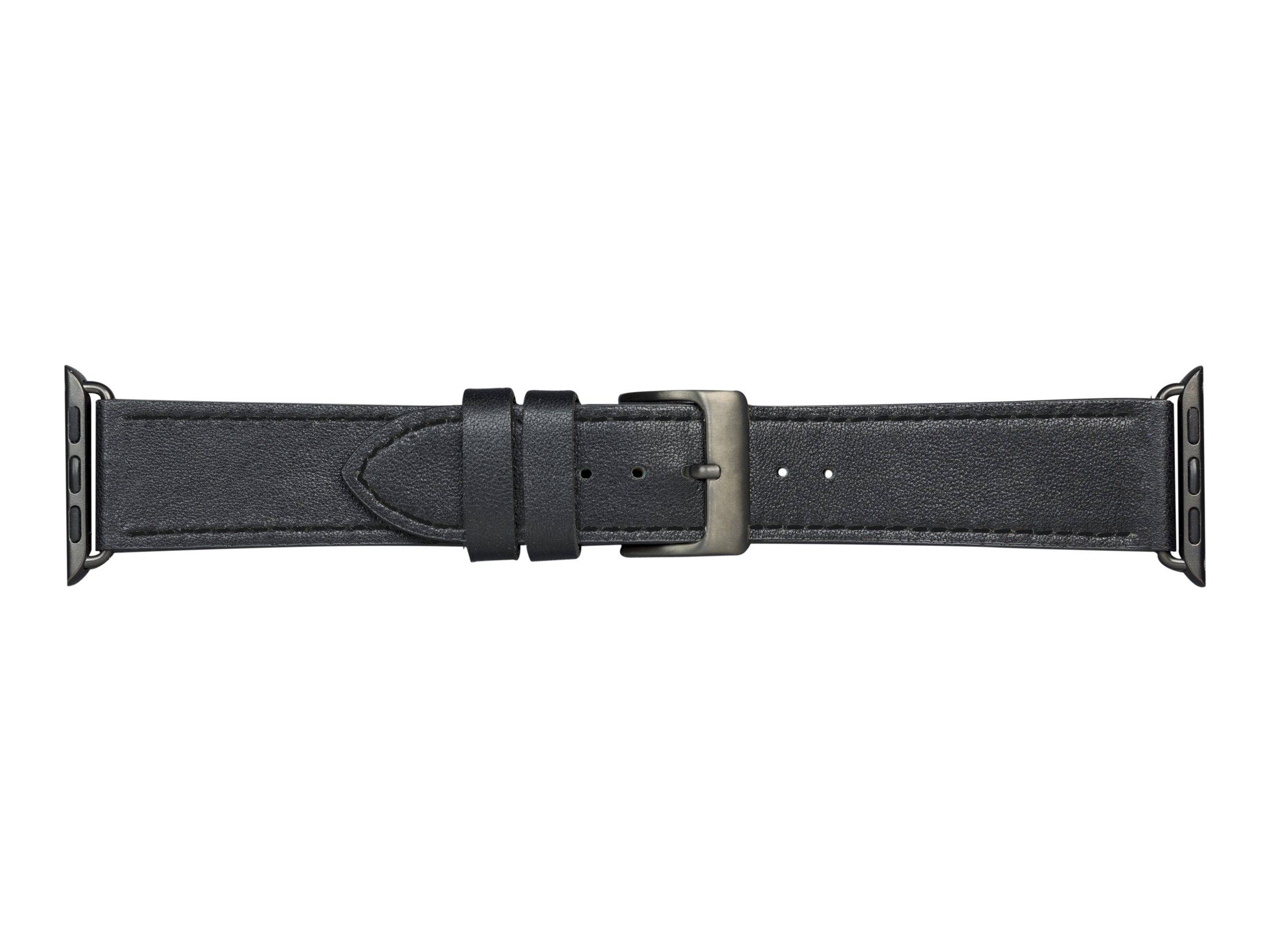 Eine Nahaufnahme eines schwarzen Ledergürtels mit einer silbernen Schnalle, die zwei Schlaufen und mehrere Verstelllöcher zeigt.