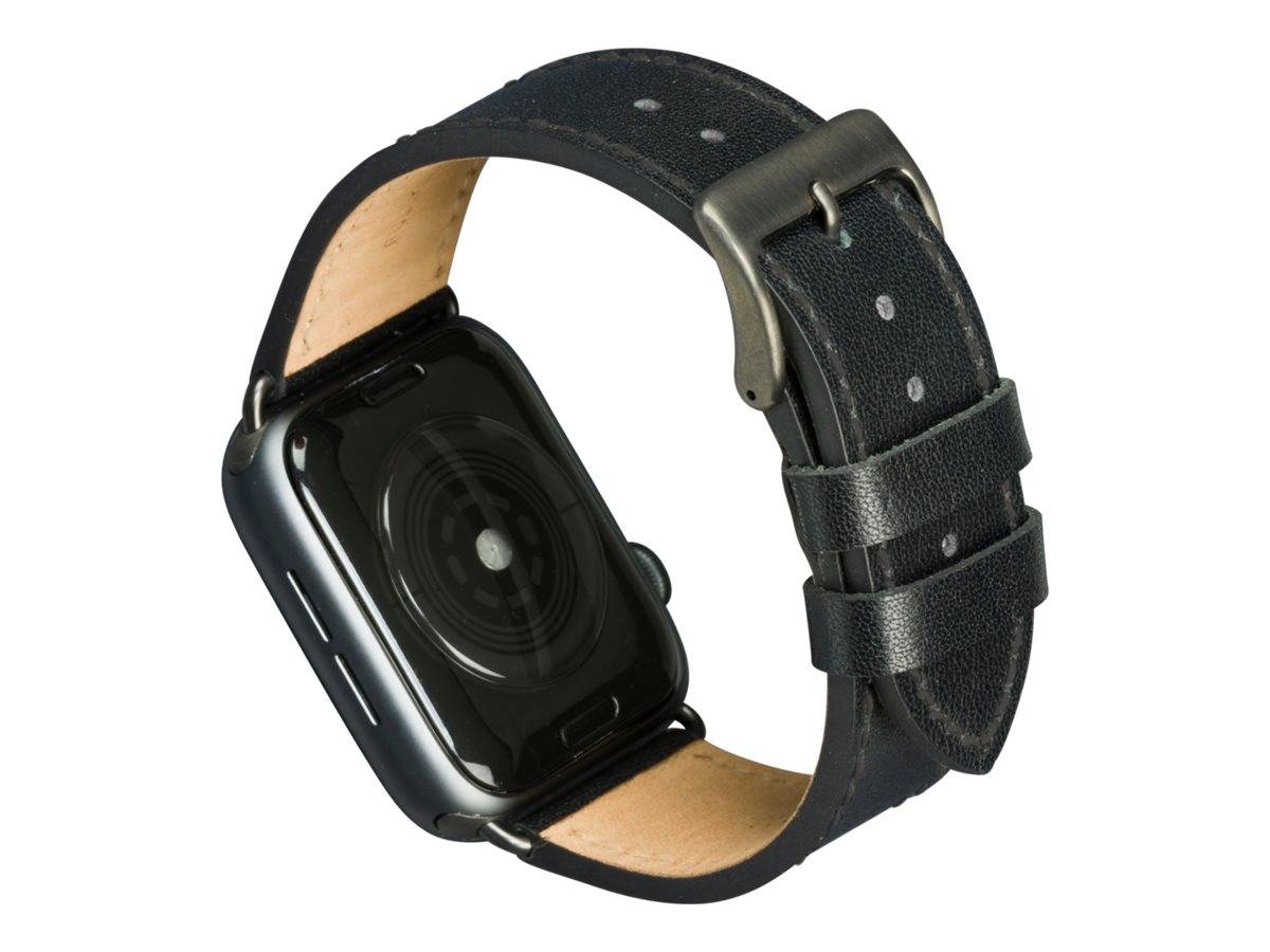 Eine Smartwatch mit rechteckigem schwarzem Gehäuse, von hinten gesehen, mit Lederarmband und Metallschnalle.