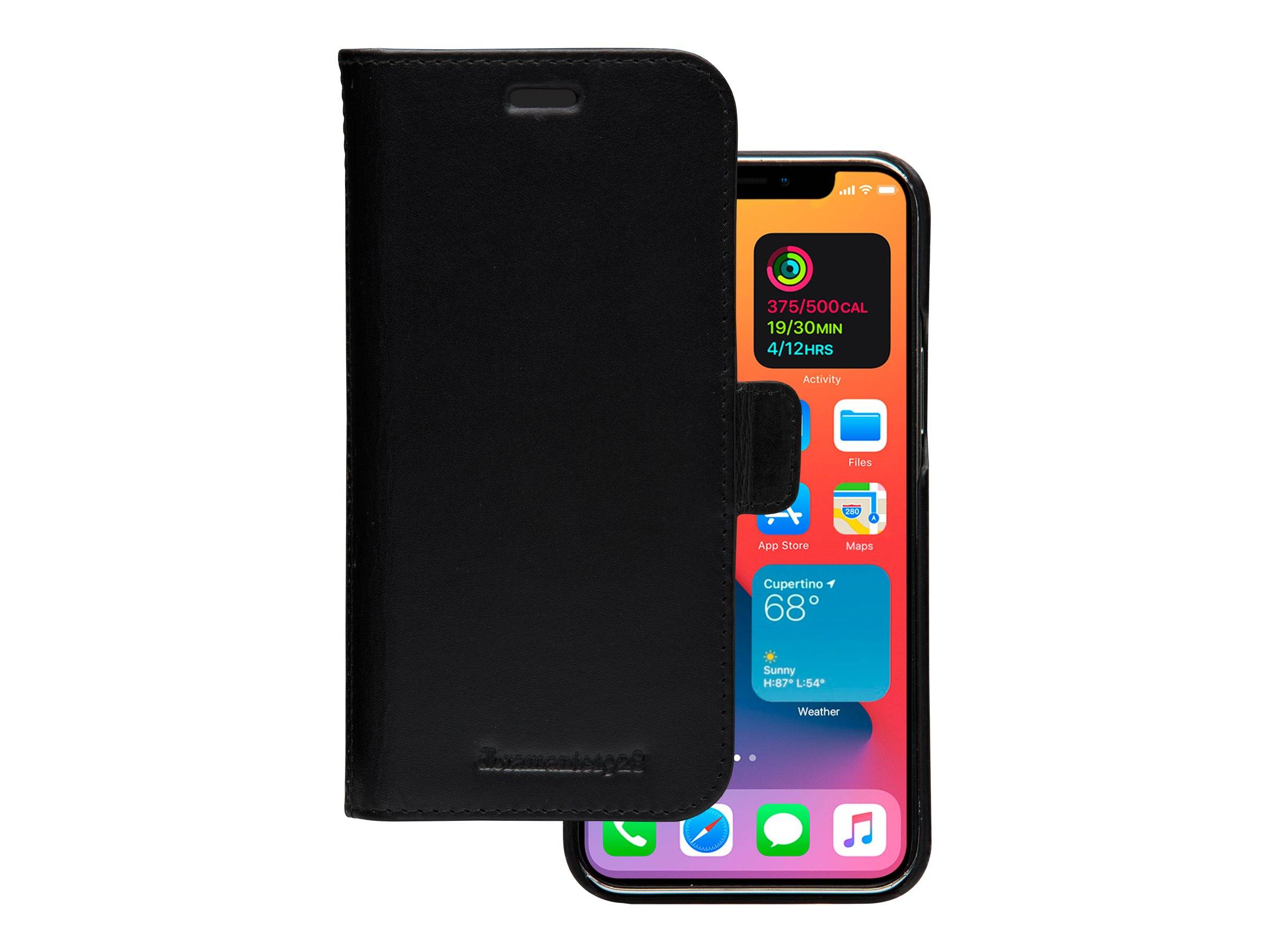 Schwarze Folio-Handyhülle, die den Startbildschirm eines Smartphones teilweise verdeckt, wobei nur die rechte Seite des Displays sichtbar ist.