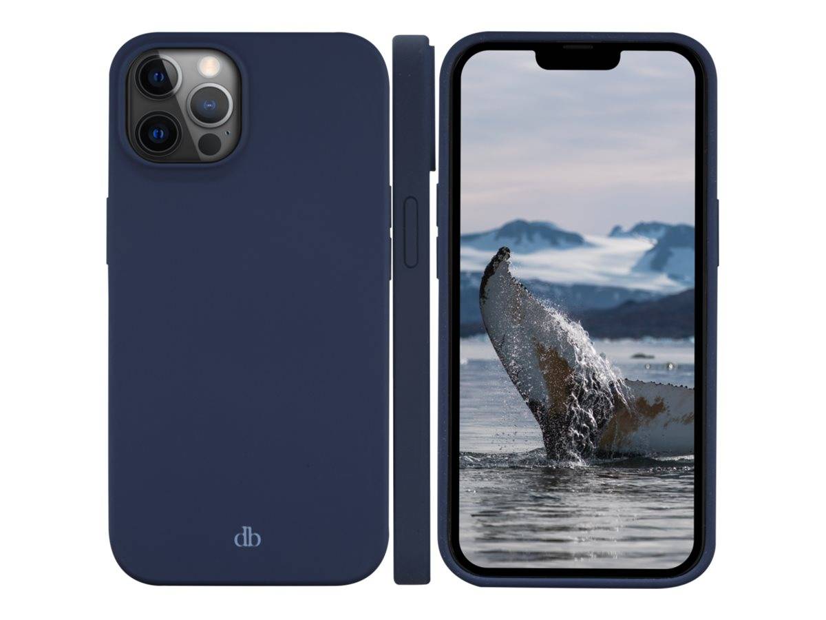 Ein Smartphone mit einer marineblauen Hülle. Der Bildschirm zeigt die Flosse eines Buckelwals, die aus eisigen arktischen Gewässern unter einem bewölkten Himmel herausragt.