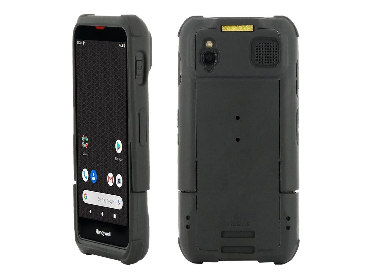 Robustes tragbares Barcode-Scanner-Gerät von Honeywell, das von vorne und hinten in einer Schutzhülle gezeigt wird, mit Touchscreen-Display und hinterer Kameraeinheit.
