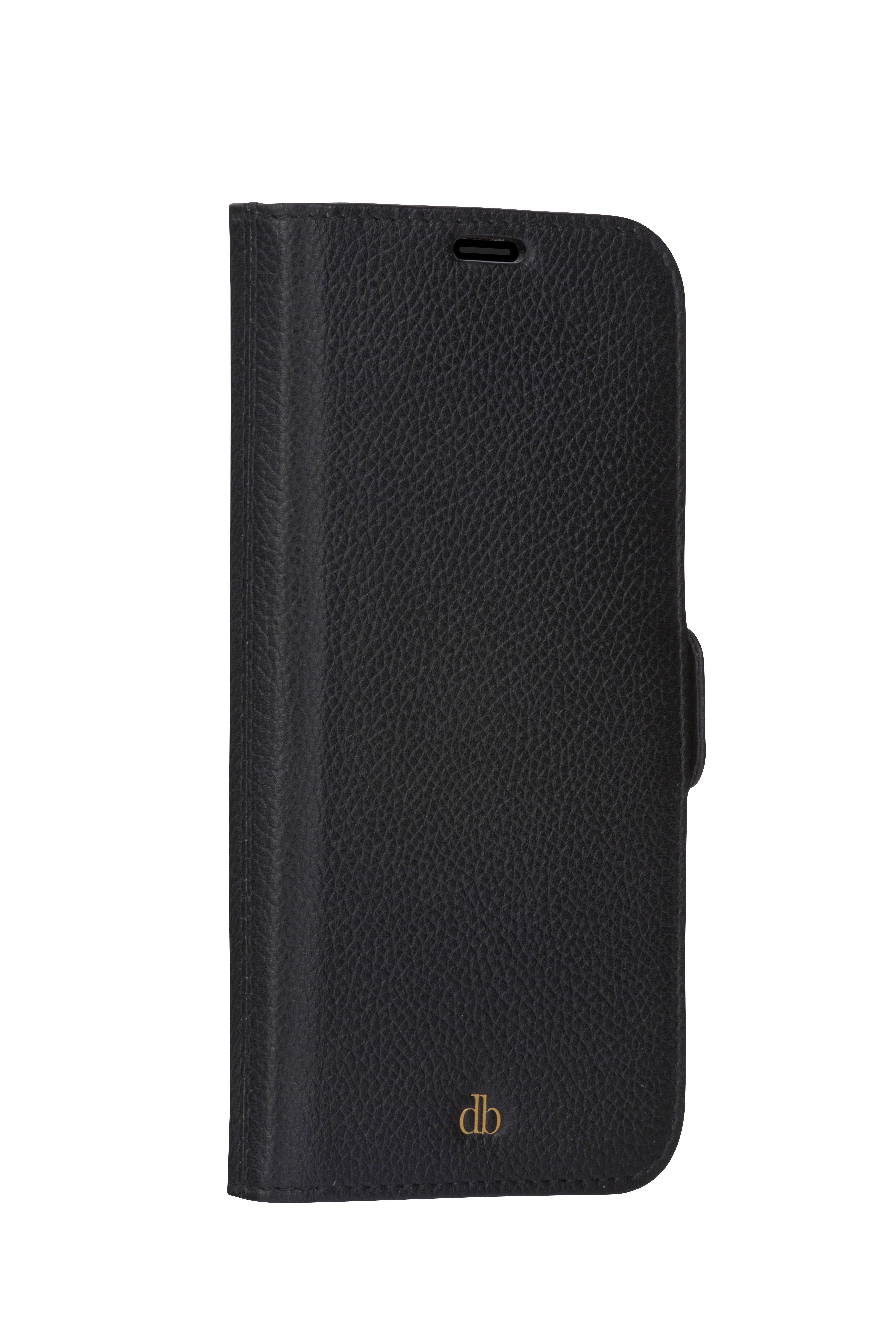 Schwarze strukturierte Leder-Telefonfolio-Hülle mit Vorderseite und seitlichem Verschlussriemen, abgebildet auf weißem Hintergrund.