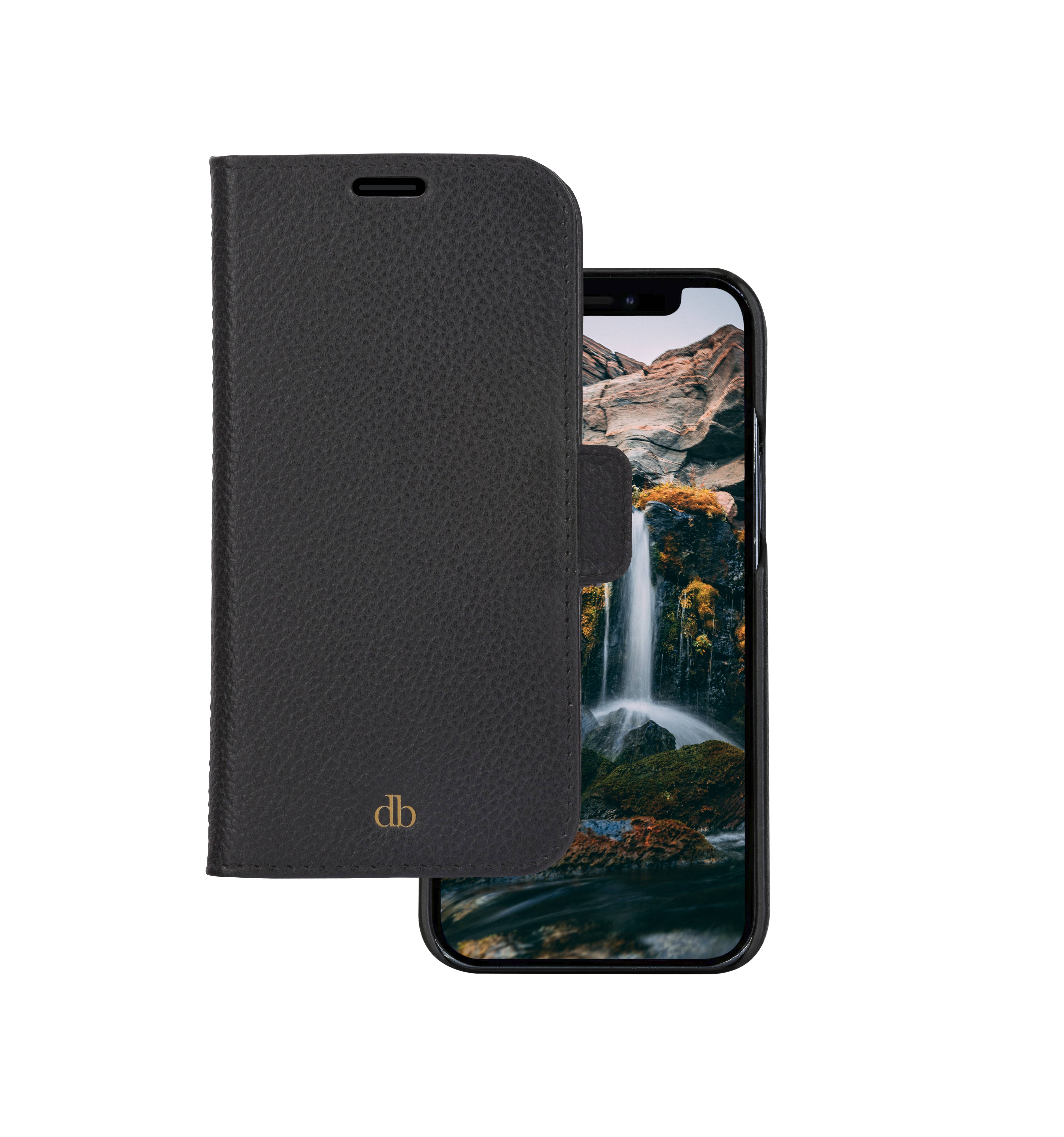 Schwarze Leder-Handyhülle mit Magnetverschluss, geöffnet dargestellt, um einen Smartphone-Bildschirm mit Wasserfall-Hintergrundbild zu zeigen.