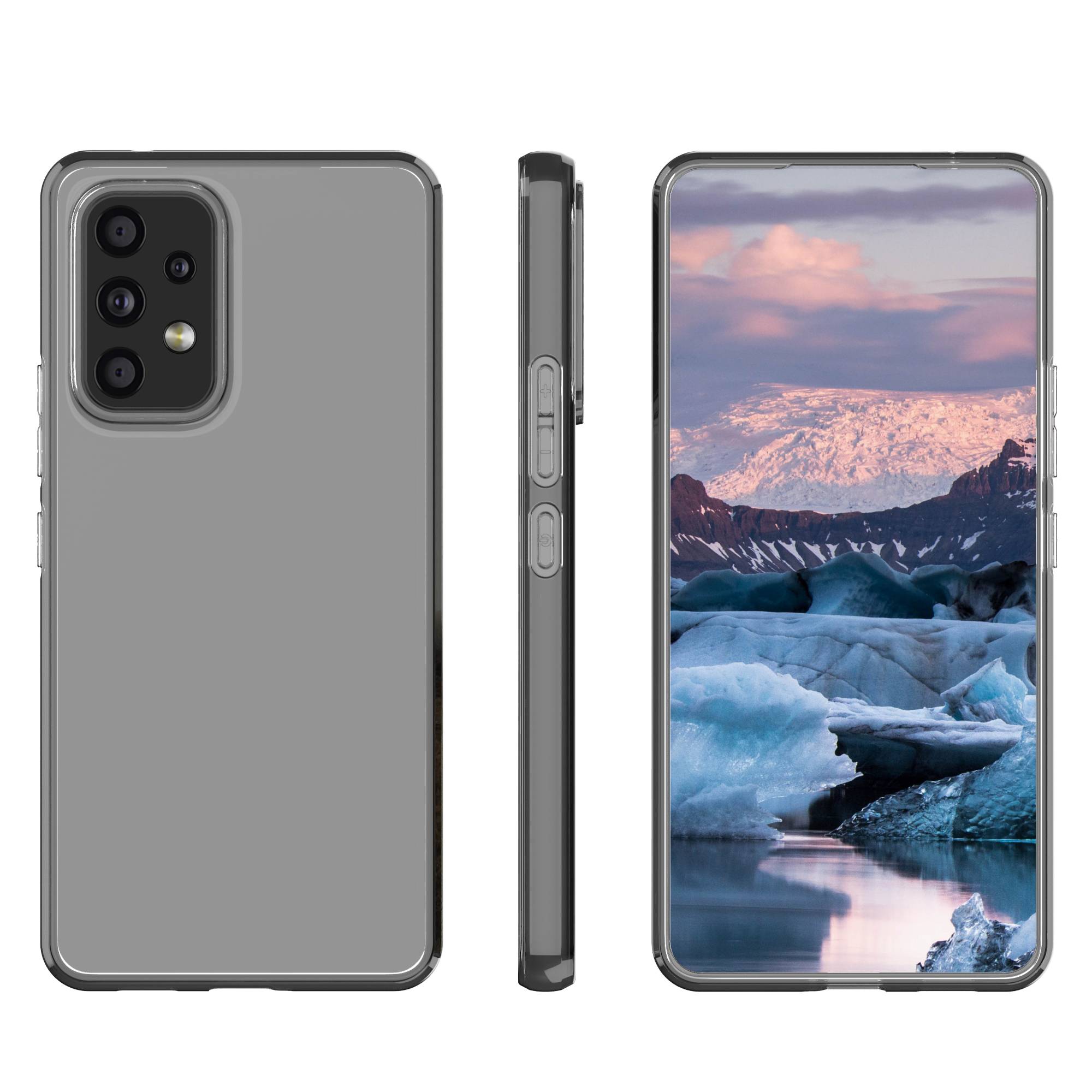 Drei Ansichten eines grauen Smartphones mit durchsichtiger Hülle: Rückseite mit Multi-Kamera-Modul, Seitenprofil mit Tasten und Vorderseite mit Gletscherlandschafts-Hintergrundbild.