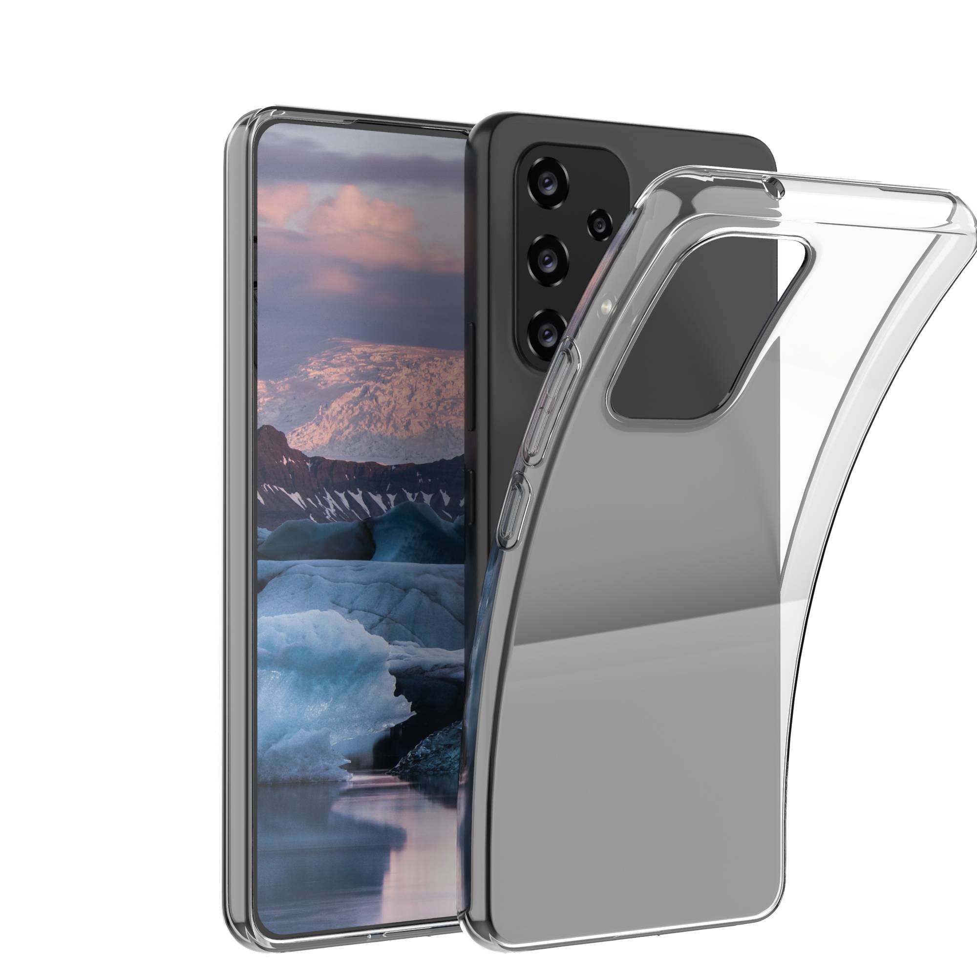 Zwei Smartphones von vorne und hinten abgebildet, wobei eine transparente Schutzhülle das hintere Telefon teilweise abdeckt und die Kameraöffnung sowie das schlanke Design hervorhebt.