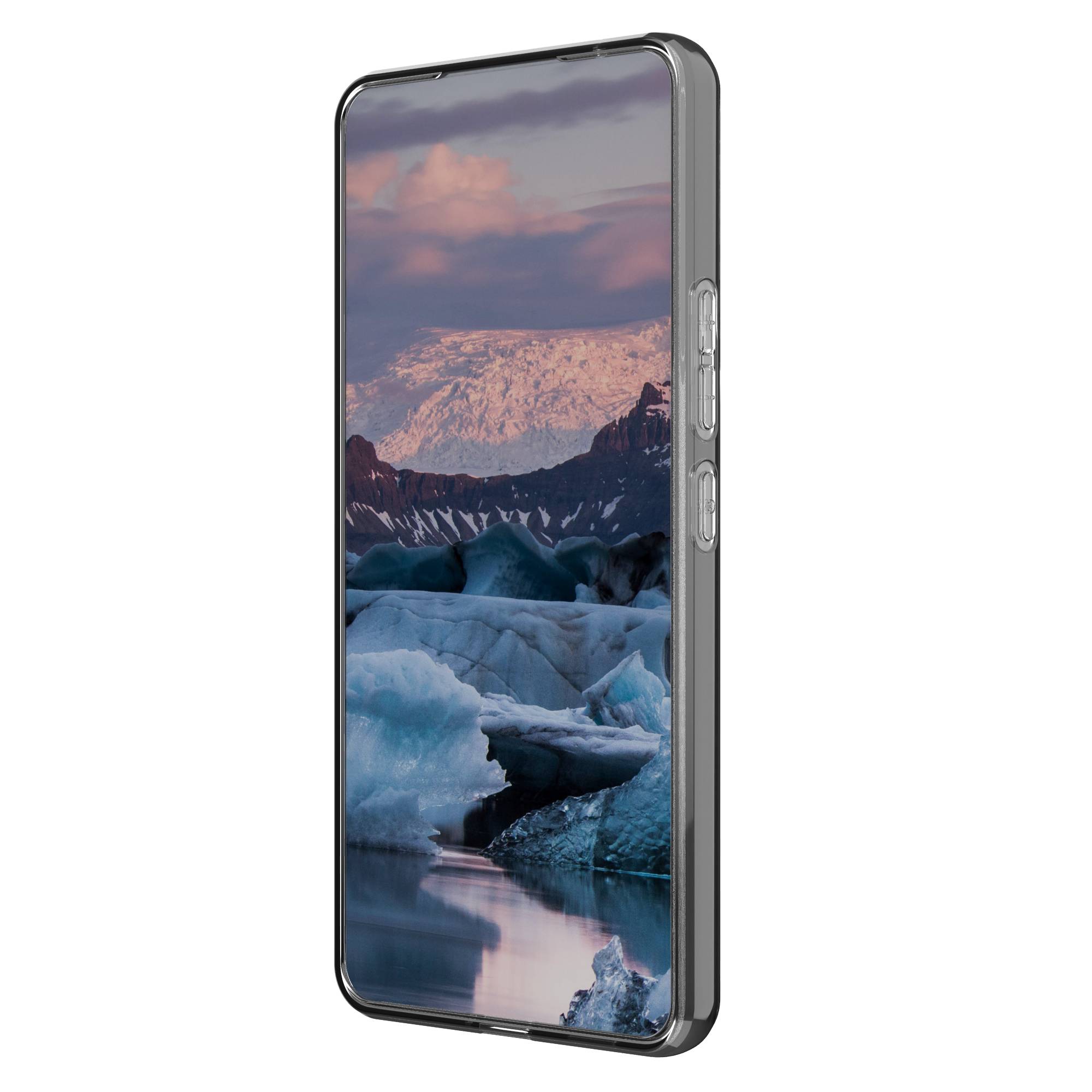 Ein Smartphone in Seitenansicht mit einer Gletscher- und Berglandschaft auf dem Bildschirm.