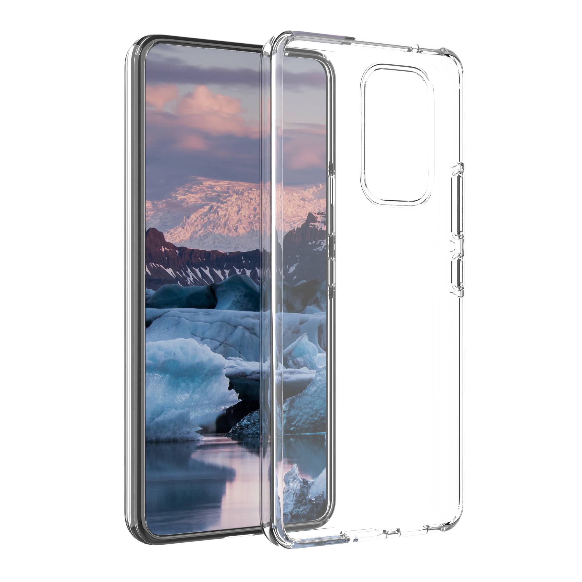 Zwei transparente Smartphone-Hüllen, eine zeigt ein Telefon mit einer Gletscherlandschafts-Tapete, nebeneinander auf weißem Hintergrund angezeigt.