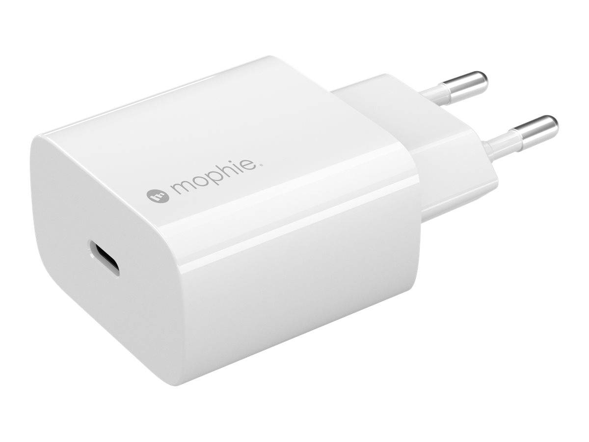 Ein weißes USB-Ladegerät mit elegantem Design, ausgestattet mit einem USB-C-Anschluss und zwei Stiften, seitlich mit der Markenaufschrift 'mophie' versehen.