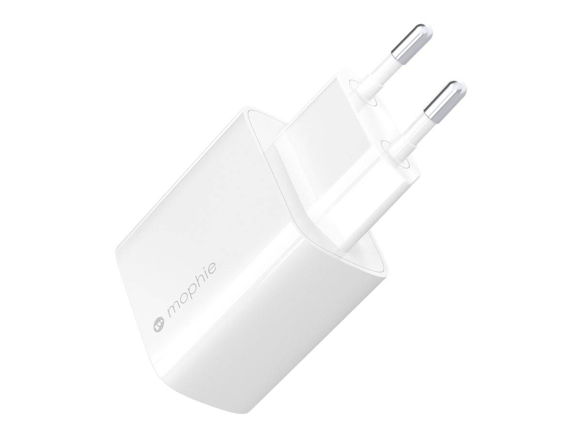 Ein weißer Mophie Wandladegerät mit zwei Stiften, der zum Aufladen elektronischer Geräte entwickelt wurde, wird vor einem weißen Hintergrund gezeigt.