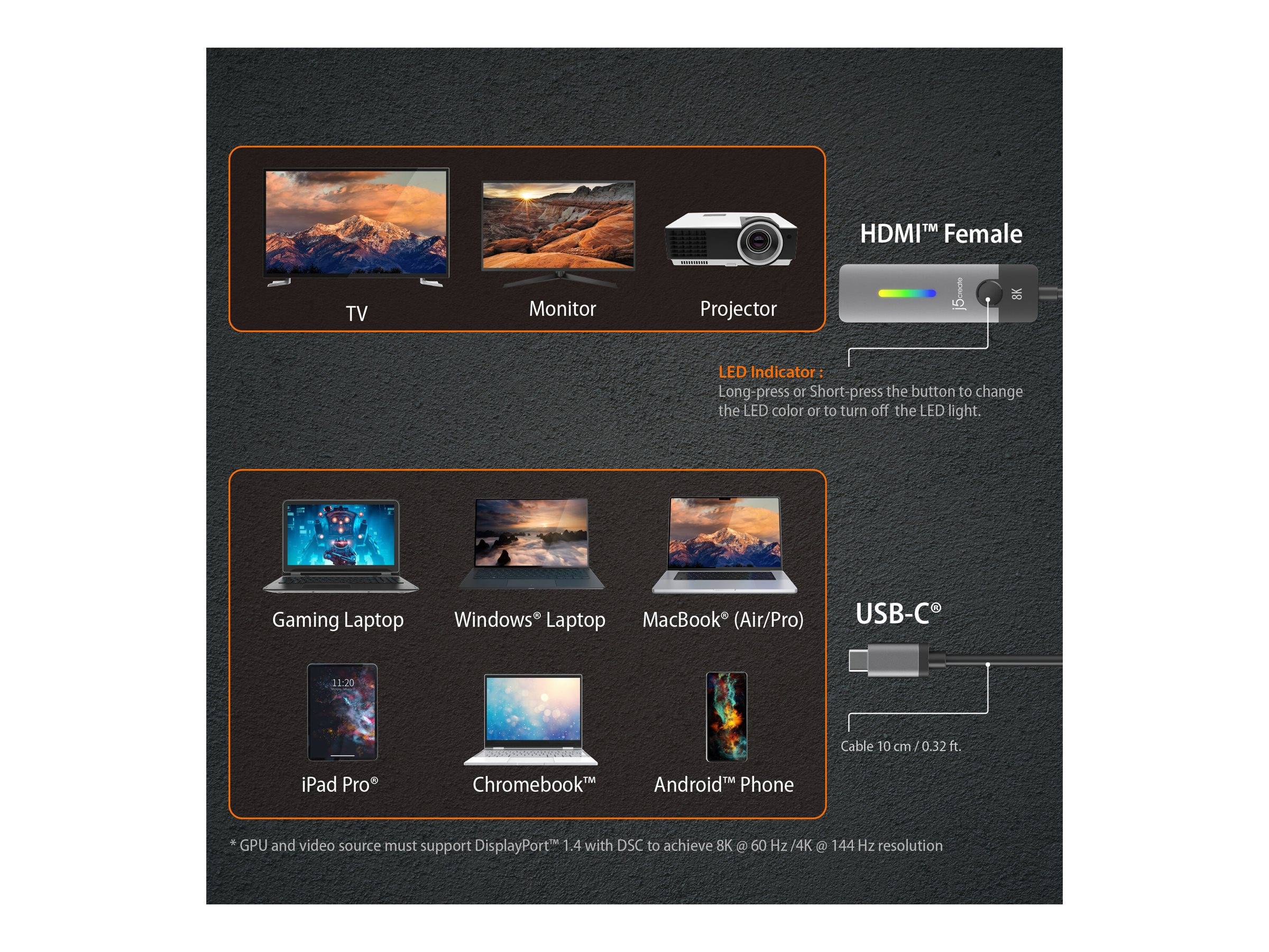 j5create JCA157 - Videoadapter - 24 pin USB-C männlich zu HDMI weiblich - Weltraum grau/schwarz - unterstützt 8K UHD (76