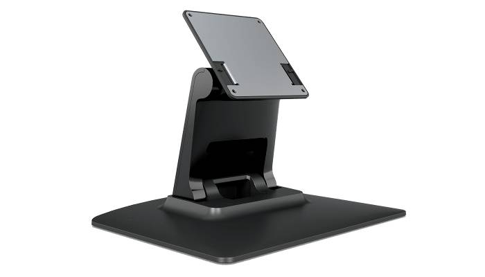 Schwarzer Tablet-Ständer mit einer erhöhten verstellbaren Halterung auf einer flachen rechteckigen Basis, dargestellt auf weißem Hintergrund.